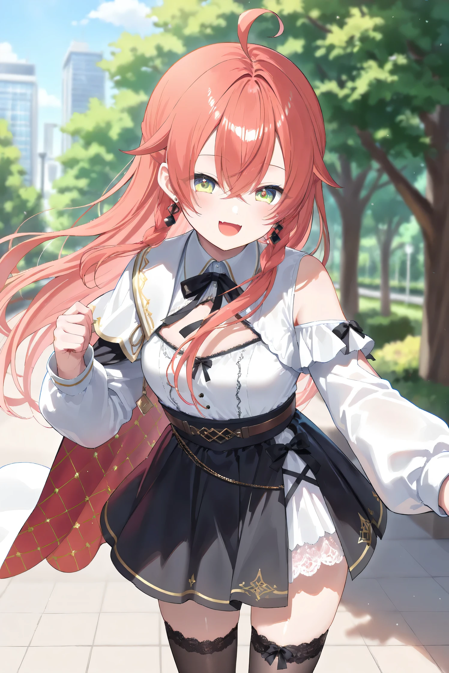 (Masterpiece), (Highest quality), (Very detailed),
(The best shape), (Best Shadow), (Absurd),
(Detailed background), (So beautiful), (Shiny),
(Extraordinary), (Countershading), (8k), (32K),
(High resolution), (Very Detailed CG), (UHD),
(Score_9), (Score_8_up), (Score_7_up),
(Source_anime), (Pastel painting:1.2),
(Watercolor painting:1.2),(Masterpiece, Detailed:1.2), (Foreshortening:1.2),
(Cinematic), (Dramatic), (Depth of field:1.4),
(Blurry background:1.4), (Realistic background:1.4),
(Foreshortening:1.3), (Dynamic angle), (1 girl), (solo),
(outdoor), (park), (nature), (wind), (big city),
(Kuramochi Meruto), (Nijisanji), (Virtual youtuber),
nijiakari, small breasts, green eyes, long eyelashes,
red hair, pink hair, orange hair, long hair, ahoge,
earring,
nijiakaricos, white shirt, collared shirt,
lace trimmed shirt, black neck ribbon,
single shoulder cutout, puffy long sleeves, breast bow, red bow, tuck in shirt, belt, layered skirt, black skirt, high-waist skirt, white lace skirt, thigh strap,
black thighhighs, lace trimmed thighhighs,
single shoulder cape, white cape, long cape,
(portrait:1.2),
(focus on face), (close up shot),
(blash:1.3), (smile), (happy), (droopy eyes:1.3),
(looking at viewer),