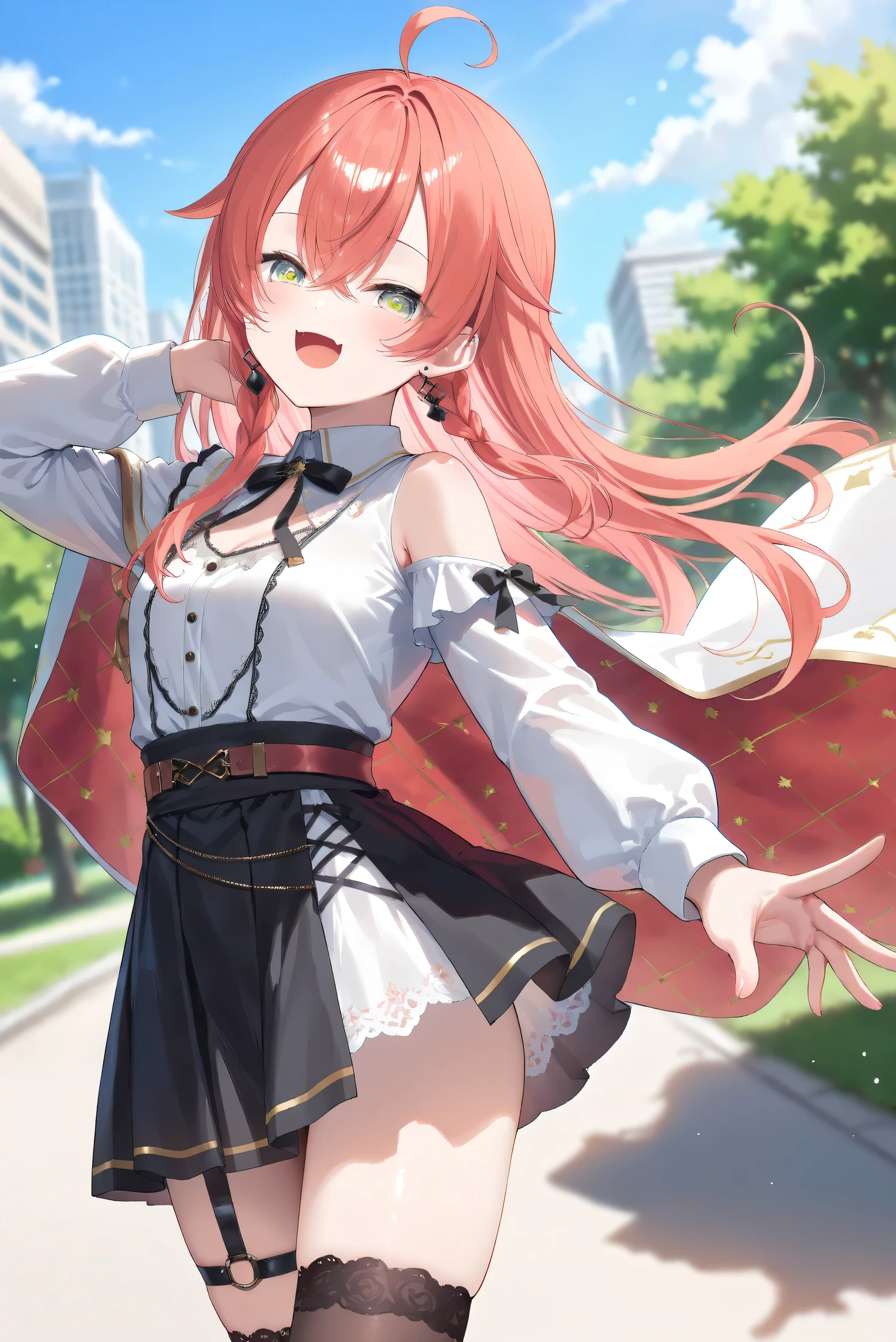 (Masterpiece), (Highest quality), (Very detailed),
(The best shape), (Best Shadow), (Absurd),
(Detailed background), (So beautiful), (Shiny),
(Extraordinary), (Countershading), (8k), (32K),
(High resolution), (Very Detailed CG), (UHD),
(Score_9), (Score_8_up), (Score_7_up),
(Source_anime), (Pastel painting:1.2),
(Watercolor painting:1.2),(Masterpiece, Detailed:1.2), (Foreshortening:1.2),
(Cinematic), (Dramatic), (Depth of field:1.4),
(Blurry background:1.4), (Realistic background:1.4),
(Foreshortening:1.3), (Dynamic angle), (1 girl), (solo),
(outdoor), (park), (nature), (wind), (big city),
(Kuramochi Meruto), (Nijisanji), (Virtual youtuber),
nijiakari, small breasts, green eyes, long eyelashes,
red hair, pink hair, orange hair, long hair, ahoge,
earring,
nijiakaricos, white shirt, collared shirt,
lace trimmed shirt, black neck ribbon,
single shoulder cutout, puffy long sleeves, breast bow, red bow, tuck in shirt, belt, layered skirt, black skirt, high-waist skirt, white lace skirt, thigh strap,
black thighhighs, lace trimmed thighhighs,
single shoulder cape, white cape, long cape,
(portrait:1.2),
(focus on face), (close up shot),
(blash:1.3), (smile), (happy), (droopy eyes:1.3),
(looking at viewer),