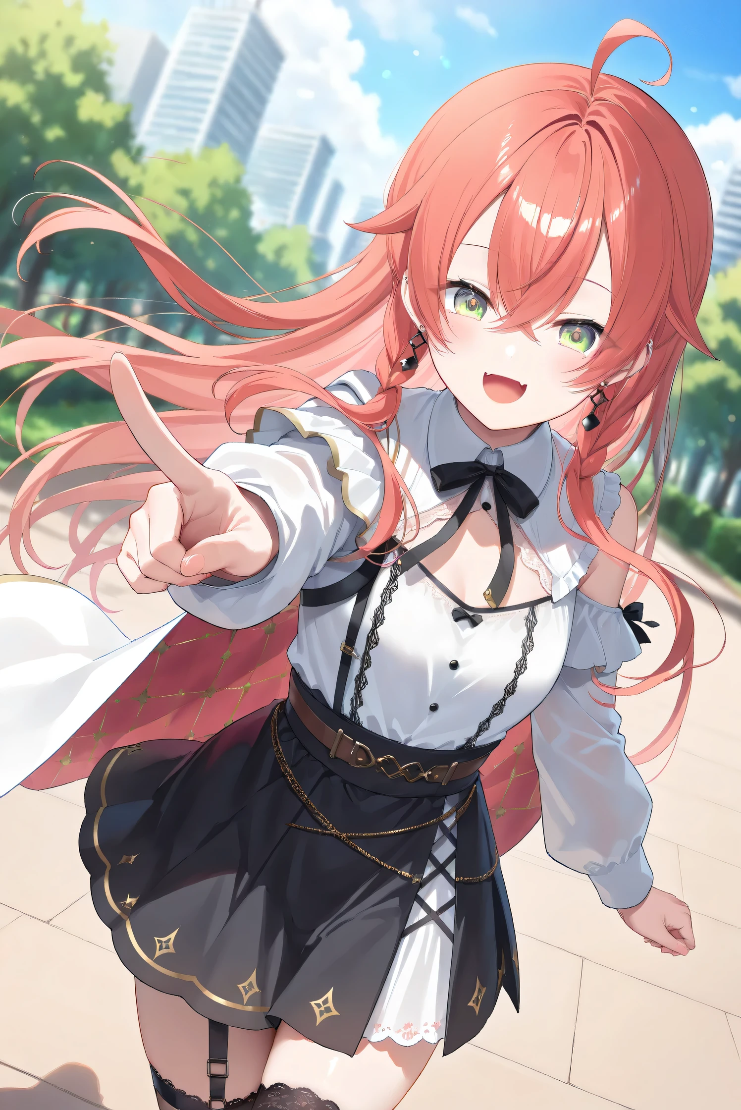 (Masterpiece), (Highest quality), (Very detailed),
(The best shape), (Best Shadow), (Absurd),
(Detailed background), (So beautiful), (Shiny),
(Extraordinary), (Countershading), (8k), (32K),
(High resolution), (Very Detailed CG), (UHD),
(Score_9), (Score_8_up), (Score_7_up),
(Source_anime), (Pastel painting:1.2),
(Watercolor painting:1.2),(Masterpiece, Detailed:1.2), (Foreshortening:1.2),
(Cinematic), (Dramatic), (Depth of field:1.4),
(Blurry background:1.4), (Realistic background:1.4),
(Foreshortening:1.3), (Dynamic angle), (1 girl), (solo),
(outdoor), (park), (nature), (wind), (big city),
(Kuramochi Meruto), (Nijisanji), (Virtual youtuber),
nijiakari, small breasts, green eyes, long eyelashes,
red hair, pink hair, orange hair, long hair, ahoge,
earring,
nijiakaricos, white shirt, collared shirt,
lace trimmed shirt, black neck ribbon,
single shoulder cutout, puffy long sleeves, breast bow, red bow, tuck in shirt, belt, layered skirt, black skirt, high-waist skirt, white lace skirt, thigh strap,
black thighhighs, lace trimmed thighhighs,
single shoulder cape, white cape, long cape,
(portrait:1.2),
(focus on face), (close up shot),
(blash:1.3), (smile), (happy), (droopy eyes:1.3),
(looking at viewer),