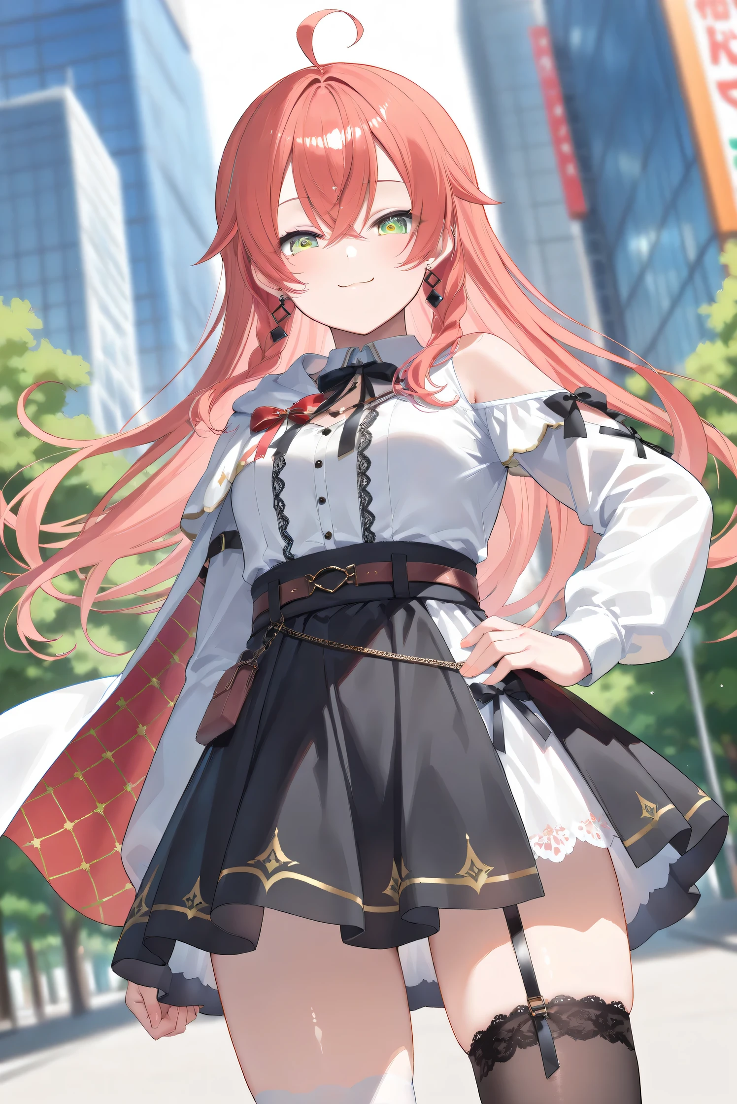(Masterpiece), (Highest quality), (Very detailed),
(The best shape), (Best Shadow), (Absurd),
(Detailed background), (So beautiful), (Shiny),
(Extraordinary), (Countershading), (8k), (32K),
(High resolution), (Very Detailed CG), (UHD),
(Score_9), (Score_8_up), (Score_7_up),
(Source_anime), (Pastel painting:1.2),
(Watercolor painting:1.2),(Masterpiece, Detailed:1.2), (Foreshortening:1.2),
(Cinematic), (Dramatic), (Depth of field:1.4),
(Blurry background:1.4), (Realistic background:1.4),
(Foreshortening:1.3), (Dynamic angle), (1 girl), (solo),
(outdoor), (park), (nature), (wind), (big city),
(Kuramochi Meruto), (Nijisanji), (Virtual youtuber),
nijiakari, small breasts, green eyes, long eyelashes,
red hair, pink hair, orange hair, long hair, ahoge,
earring,
nijiakaricos, white shirt, collared shirt,
lace trimmed shirt, black neck ribbon,
single shoulder cutout, puffy long sleeves, breast bow, red bow, tuck in shirt, belt, layered skirt, black skirt, high-waist skirt, white lace skirt, thigh strap,
black thighhighs, lace trimmed thighhighs,
single shoulder cape, white cape, long cape,
(portrait:1.2),
(focus on face), (close up shot),
(blash:1.3), (smile), (happy), (droopy eyes:1.3),
(looking at viewer),
