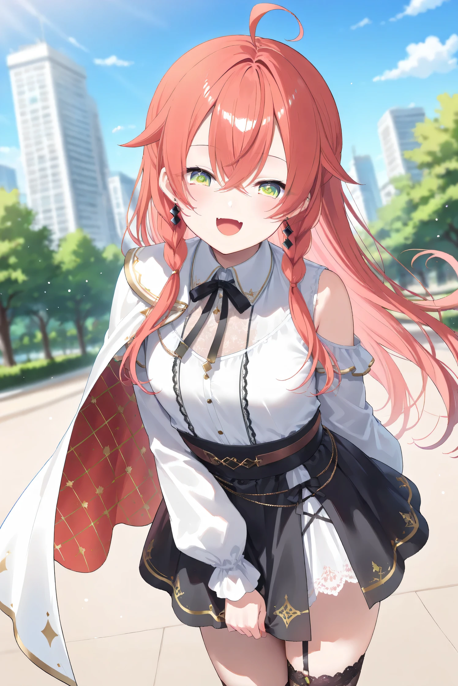 (Masterpiece), (Highest quality), (Very detailed),
(The best shape), (Best Shadow), (Absurd),
(Detailed background), (So beautiful), (Shiny),
(Extraordinary), (Countershading), (8k), (32K),
(High resolution), (Very Detailed CG), (UHD),
(Score_9), (Score_8_up), (Score_7_up),
(Source_anime), (Pastel painting:1.2),
(Watercolor painting:1.2),(Masterpiece, Detailed:1.2), (Foreshortening:1.2),
(Cinematic), (Dramatic), (Depth of field:1.4),
(Blurry background:1.4), (Realistic background:1.4),
(Foreshortening:1.3), (Dynamic angle), (1 girl), (solo),
(outdoor), (park), (nature), (wind), (big city),
(Kuramochi Meruto), (Nijisanji), (Virtual youtuber),
nijiakari, small breasts, green eyes, long eyelashes,
red hair, pink hair, orange hair, long hair, ahoge,
earring,
nijiakaricos, white shirt, collared shirt,
lace trimmed shirt, black neck ribbon,
single shoulder cutout, puffy long sleeves, breast bow, red bow, tuck in shirt, belt, layered skirt, black skirt, high-waist skirt, white lace skirt, thigh strap,
black thighhighs, lace trimmed thighhighs,
single shoulder cape, white cape, long cape,
(cowboy shot:1.2),
(focus on face), (close up shot),
(blash:1.3), (smile), (happy), (droopy eyes:1.3),
(looking at viewer),
