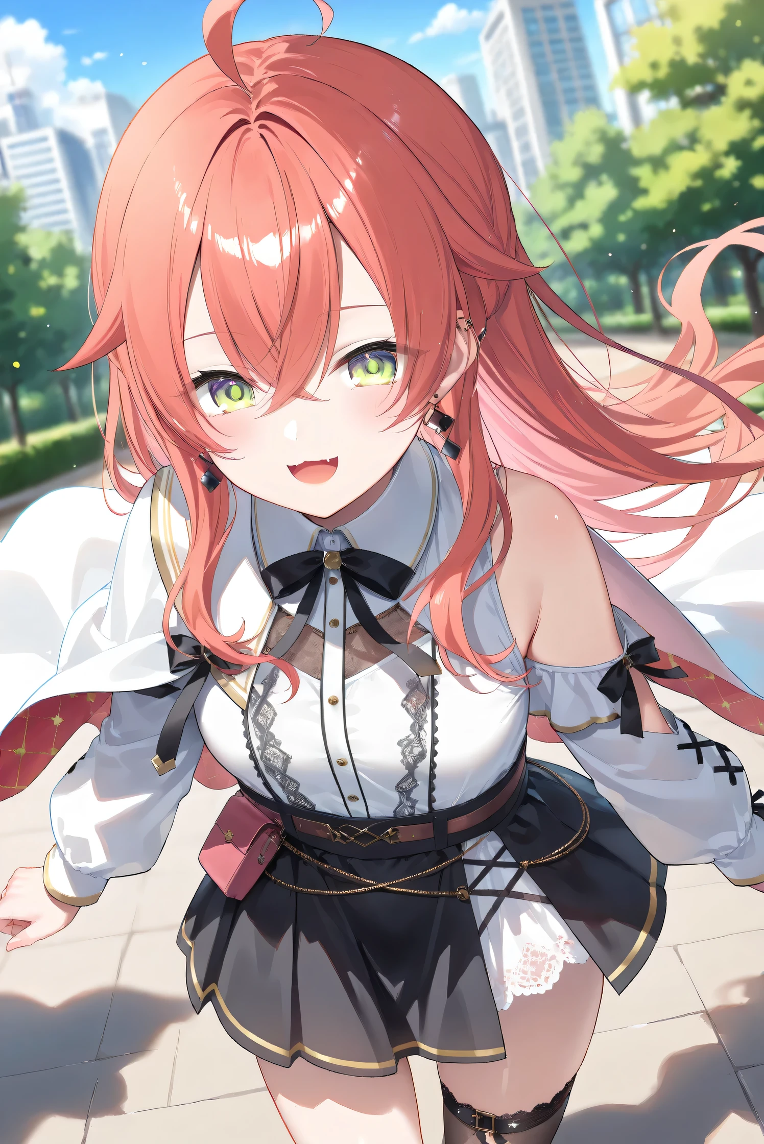 (Masterpiece), (Highest quality), (Very detailed), 
(The best shape), (Best Shadow), (Absurd), 
(Detailed background), (So beautiful), (Shiny), 
(Extraordinary), (Countershading), (8k), (32K), 
(High resolution), (Very Detailed CG), (UHD),

(Score_9), (Score_8_up), (Score_7_up), 
(Source_anime), (Pastel painting:1.2), 
(Watercolor painting:1.2),(Masterpiece, Detailed:1.2), (Foreshortening:1.2),

(Cinematic), (Dramatic), (Depth of field:1.4),
(Blurry background:1.4), (Realistic background:1.4),
(Foreshortening:1.3), (Dynamic angle), (1 girl), (solo), 

(outdoor), (park), (nature), (wind), (big city), 

(Kuramochi Meruto), (Nijisanji), (Virtual youtuber), 

nijiakari, small breasts, green eyes, long eyelashes, 
red hair, pink hair, orange hair, long hair, ahoge, 
earring,

nijiakaricos, white shirt, collared shirt, 
lace trimmed shirt, black neck ribbon, 
single shoulder cutout, puffy long sleeves, breast bow, red bow, tuck in shirt, belt, layered skirt, black skirt, high-waist skirt, white lace skirt, thigh strap, 
black thighhighs, lace trimmed thighhighs, 
single shoulder cape, white cape, long cape,

(cowboy shot:1.2), 
(focus on face), (close up shot), 
(blash:1.3), (smile), (happy), (droopy eyes:1.3), 
(looking at viewer), 