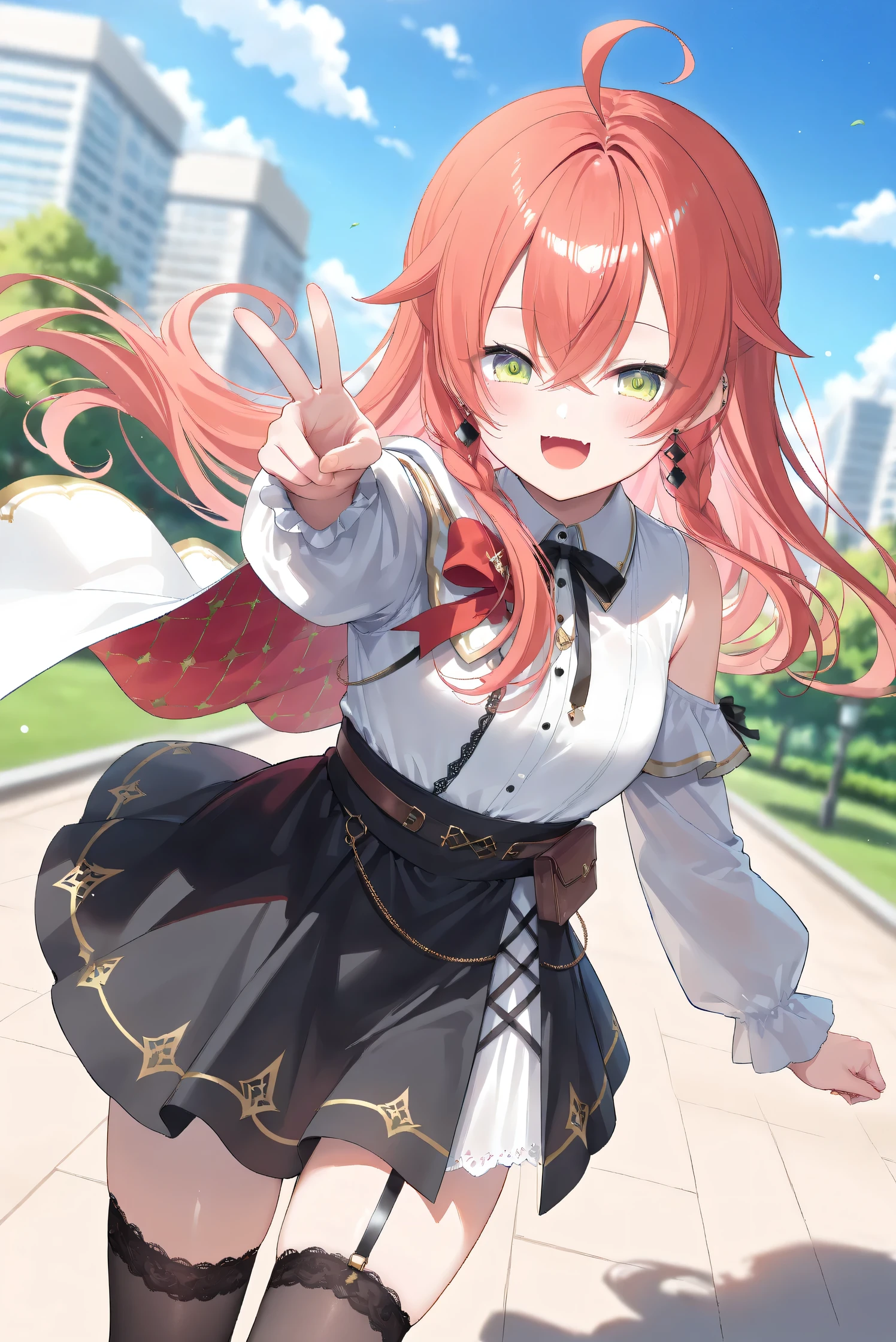 (Masterpiece), (Highest quality), (Very detailed), 
(The best shape), (Best Shadow), (Absurd), 
(Detailed background), (So beautiful), (Shiny), 
(Extraordinary), (Countershading), (8k), (32K), 
(High resolution), (Very Detailed CG), (UHD),

(Score_9), (Score_8_up), (Score_7_up), 
(Source_anime), (Pastel painting:1.2), 
(Watercolor painting:1.2),(Masterpiece, Detailed:1.2), (Foreshortening:1.2),

(Cinematic), (Dramatic), (Depth of field:1.4),
(Blurry background:1.4), (Realistic background:1.4),
(Foreshortening:1.3), (Dynamic angle), (1 girl), (solo), 

(outdoor), (park), (nature), (wind), (big city), 

(Kuramochi Meruto), (Nijisanji), (Virtual youtuber), 

nijiakari, small breasts, green eyes, long eyelashes, 
red hair, pink hair, orange hair, long hair, ahoge, 
earring,

nijiakaricos, white shirt, collared shirt, 
lace trimmed shirt, black neck ribbon, 
single shoulder cutout, puffy long sleeves, breast bow, red bow, tuck in shirt, belt, layered skirt, black skirt, high-waist skirt, white lace skirt, thigh strap, 
black thighhighs, lace trimmed thighhighs, 
single shoulder cape, white cape, long cape,

(portrait:1.2), 
(focus on face), (close up shot), 
(blash:1.3), (smile), (happy), 
(looking back), (droopy eyes:1.3), 
(looking at viewer), 