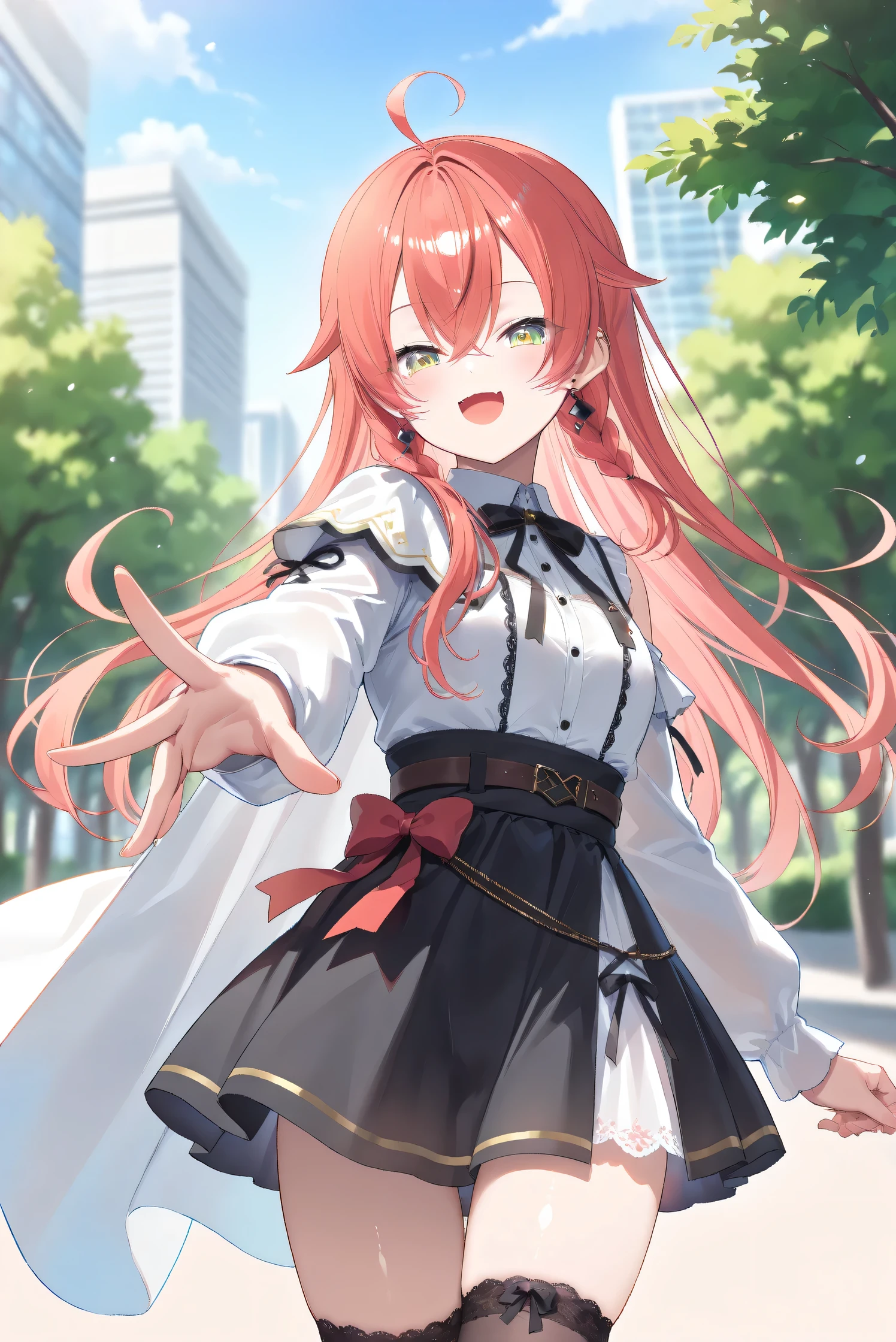 (Masterpiece), (Highest quality), (Very detailed),
(The best shape), (Best Shadow), (Absurd),
(Detailed background), (So beautiful), (Shiny),
(Extraordinary), (Countershading), (8k), (32K),
(High resolution), (Very Detailed CG), (UHD),
(Score_9), (Score_8_up), (Score_7_up),
(Source_anime), (Pastel painting:1.2),
(Watercolor painting:1.2),(Masterpiece, Detailed:1.2), (Foreshortening:1.2),
(Cinematic), (Dramatic), (Depth of field:1.4),
(Blurry background:1.4), (Realistic background:1.4),
(Foreshortening:1.3), (Dynamic angle), (1 girl), (solo),
(outdoor), (park), (nature), (wind), (big city),
(Kuramochi Meruto), (Nijisanji), (Virtual youtuber),
nijiakari, small breasts, green eyes, long eyelashes,
red hair, pink hair, orange hair, long hair, ahoge,
earring,
nijiakaricos, white shirt, collared shirt,
lace trimmed shirt, black neck ribbon,
single shoulder cutout, puffy long sleeves, breast bow, red bow, tuck in shirt, belt, layered skirt, black skirt, high-waist skirt, white lace skirt, thigh strap,
black thighhighs, lace trimmed thighhighs,
single shoulder cape, white cape, long cape,
(portrait:1.2),
(focus on face), (close up shot),
(blash:1.3), (smile), (happy),
(looking back), (droopy eyes:1.3),
(looking at viewer),