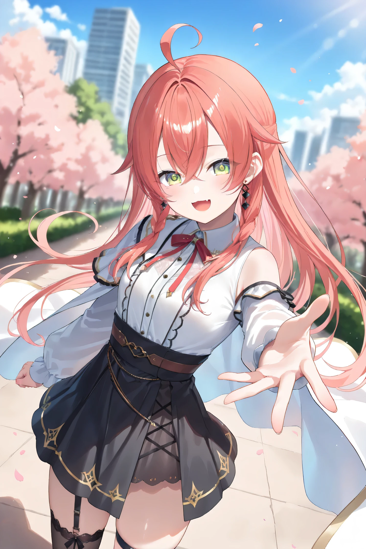 (Masterpiece), (Highest quality), (Very detailed), 
(The best shape), (Best Shadow), (Absurd), 
(Detailed background), (So beautiful), (Shiny), 
(Extraordinary), (Countershading), (8k), (32K), 
(High resolution), (Very Detailed CG), (UHD),

(Score_9), (Score_8_up), (Score_7_up), 
(Source_anime), (Pastel painting:1.2), 
(Watercolor painting:1.2),(Masterpiece, Detailed:1.2), (Foreshortening:1.2),

(Cinematic), (Dramatic), (Depth of field:1.4),
(Blurry background:1.4), (Realistic background:1.4),
(Foreshortening:1.3), (Dynamic angle), (1 girl), (solo), 

(outdoor), (park), (nature), (wind), (big city), 

(Kuramochi Meruto), (Nijisanji), (Virtual youtuber), 

nijiakari, small breasts, green eyes, long eyelashes, 
red hair, pink hair, orange hair, long hair, ahoge, 
earring,

nijiakaricos, white shirt, collared shirt, 
lace trimmed shirt, black neck ribbon, 
single shoulder cutout, puffy long sleeves, breast bow, red bow, tuck in shirt, belt, layered skirt, black skirt, high-waist skirt, white lace skirt, thigh strap, 
black thighhighs, lace trimmed thighhighs, 
single shoulder cape, white cape, long cape,

(portrait:1.2), 
(focus on face), (close up shot), 
(blash:1.3), (smile), (happy), 
(looking back), (droopy eyes:1.3), 
(looking at viewer), 
