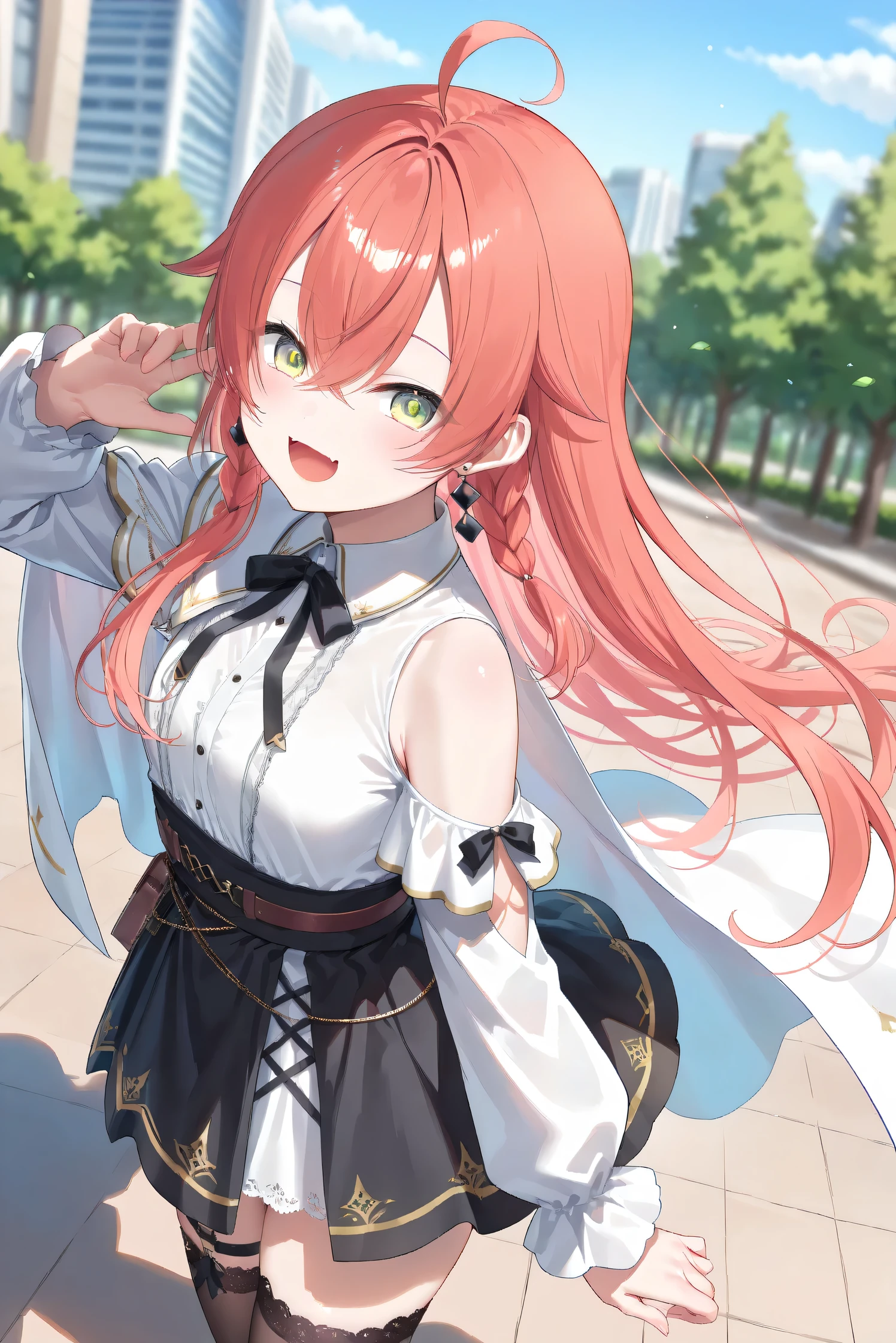 (Masterpiece), (Highest quality), (Very detailed),
(The best shape), (Best Shadow), (Absurd),
(Detailed background), (So beautiful), (Shiny),
(Extraordinary), (Countershading), (8k), (32K),
(High resolution), (Very Detailed CG), (UHD),
(Score_9), (Score_8_up), (Score_7_up),
(Source_anime), (Pastel painting:1.2),
(Watercolor painting:1.2),(Masterpiece, Detailed:1.2), (Foreshortening:1.2),
(Cinematic), (Dramatic), (Depth of field:1.4),
(Blurry background:1.4), (Realistic background:1.4),
(Foreshortening:1.3), (Dynamic angle), (1 girl), (solo),
(outdoor), (park), (nature), (wind), (big city),
(Kuramochi Meruto), (Nijisanji), (Virtual youtuber),
nijiakari, small breasts, green eyes, long eyelashes,
red hair, pink hair, orange hair, long hair, ahoge,
earring,
nijiakaricos, white shirt, collared shirt,
lace trimmed shirt, black neck ribbon,
single shoulder cutout, puffy long sleeves, breast bow, red bow, tuck in shirt, belt, layered skirt, black skirt, high-waist skirt, white lace skirt, thigh strap,
black thighhighs, lace trimmed thighhighs,
single shoulder cape, white cape, long cape,
(portrait:1.2),
(focus on face), (close up shot),
(blash:1.3), (smile), (happy),
(looking back), (droopy eyes:1.3),
(looking at viewer),
