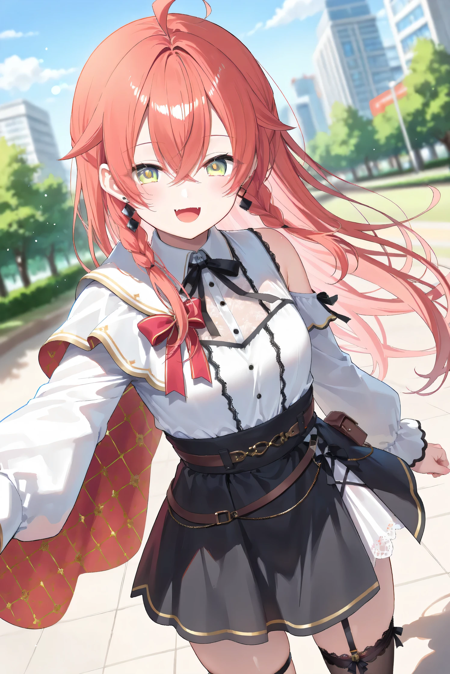 (Masterpiece), (Highest quality), (Very detailed), 
(The best shape), (Best Shadow), (Absurd), 
(Detailed background), (So beautiful), (Shiny), 
(Extraordinary), (Countershading), (8k), (32K), 
(High resolution), (Very Detailed CG), (UHD),

(Score_9), (Score_8_up), (Score_7_up), 
(Source_anime), (Pastel painting:1.2), 
(Watercolor painting:1.2),(Masterpiece, Detailed:1.2), (Foreshortening:1.2),

(Cinematic), (Dramatic), (Depth of field:1.4),
(Blurry background:1.4), (Realistic background:1.4),
(Foreshortening:1.3), (Dynamic angle), (1 girl), (solo), 

(outdoor), (park), (nature), (wind), (big city), 

(Kuramochi Meruto), (Nijisanji), (Virtual youtuber), 

nijiakari, small breasts, green eyes, long eyelashes, 
red hair, pink hair, orange hair, long hair, ahoge, 
earring,

nijiakaricos, white shirt, collared shirt, 
lace trimmed shirt, black neck ribbon, 
single shoulder cutout, puffy long sleeves, breast bow, red bow, tuck in shirt, belt, layered skirt, black skirt, high-waist skirt, white lace skirt, thigh strap, 
black thighhighs, lace trimmed thighhighs, 
single shoulder cape, white cape, long cape,

(portrait:1.2), 
(focus on face), (close up shot), 
(blash:1.3), (smile), (happy), 
(looking back), (droopy eyes:1.3), 
(looking at viewer), 