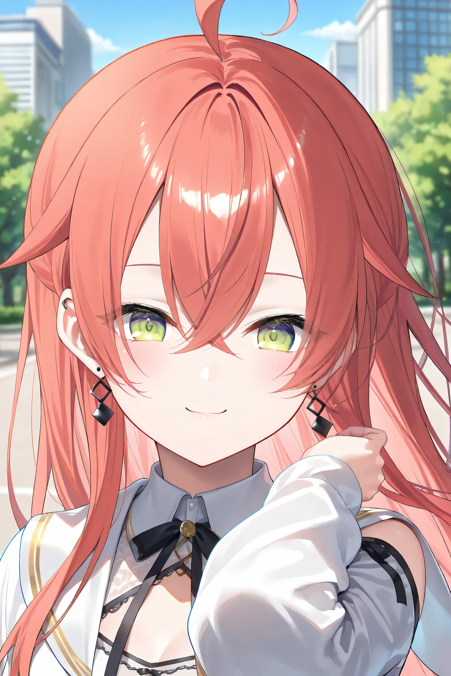 (Masterpiece), (Highest quality), (Very detailed), 
(The best shape), (Best Shadow), (Absurd), 
(Detailed background), (So beautiful), (Shiny), 
(Extraordinary), (Countershading), (8k), (32K), 
(High resolution), (Very Detailed CG), (UHD),

(Score_9), (Score_8_up), (Score_7_up), 
(Source_anime), (Pastel painting:1.2), 
(Watercolor painting:1.2),(Masterpiece, Detailed:1.2), (Foreshortening:1.2),

(Cinematic), (Dramatic), (Depth of field:1.4),
(Blurry background:1.4), (Realistic background:1.4),
(Foreshortening:1.3), (Dynamic angle), (1 girl), (solo), 

(outdoor), (park), (nature), (wind), (big city), 

(Kuramochi Meruto), (Nijisanji), (Virtual youtuber), 

nijiakari, small breasts, green eyes, long eyelashes, 
red hair, pink hair, orange hair, long hair, ahoge, 
earring,

nijiakaricos, white shirt, collared shirt, 
lace trimmed shirt, black neck ribbon, 
single shoulder cutout, puffy long sleeves, breast bow, red bow, tuck in shirt, 
single shoulder cape, white cape, long cape,

(portrait:1.2), 
(focus on face), (close up shot), 
(blash:1.3), (smile), (happy), 
(looking back), (droopy eyes:1.3), 
(looking at viewer), 