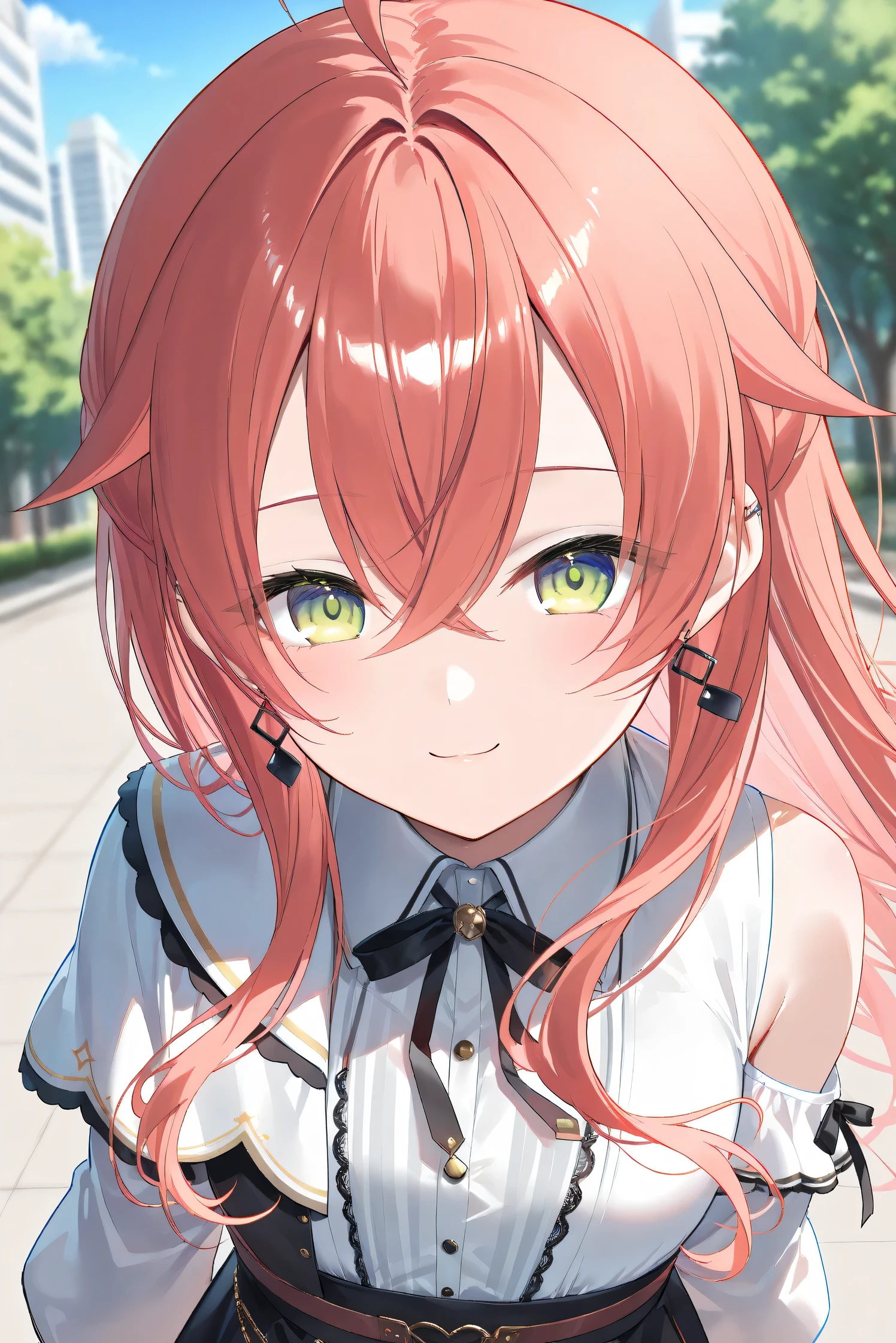 (Masterpiece), (Highest quality), (Very detailed), 
(The best shape), (Best Shadow), (Absurd), 
(Detailed background), (So beautiful), (Shiny), 
(Extraordinary), (Countershading), (8k), (32K), 
(High resolution), (Very Detailed CG), (UHD),

(Score_9), (Score_8_up), (Score_7_up), 
(Source_anime), (Pastel painting:1.2), 
(Watercolor painting:1.2),(Masterpiece, Detailed:1.2), (Foreshortening:1.2),

(Cinematic), (Dramatic), (Depth of field:1.4),
(Blurry background:1.4), (Realistic background:1.4),
(Foreshortening:1.3), (Dynamic angle), (1 girl), (solo), 

(outdoor), (park), (nature), (wind), (big city), 

(Kuramochi Meruto), (Nijisanji), (Virtual youtuber), 

nijiakari, small breasts, green eyes, long eyelashes, 
red hair, pink hair, orange hair, long hair, ahoge, 
earring,

nijiakaricos, white shirt, collared shirt, 
lace trimmed shirt, black neck ribbon, 
single shoulder cutout, puffy long sleeves, breast bow, red bow, tuck in shirt, 
single shoulder cape, white cape, long cape,

(portrait:1.2), 
(focus on face), (close up shot), 
(blash:1.3), (smile), (happy), 
(looking back), (droopy eyes:1.3), 
(looking at viewer), 