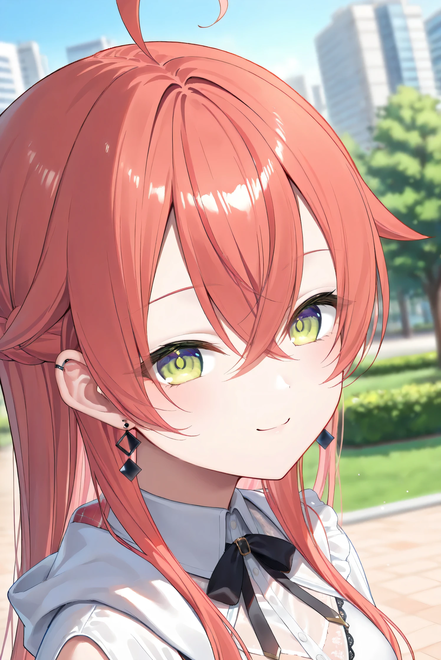 (Masterpiece), (Highest quality), (Very detailed),
(The best shape), (Best Shadow), (Absurd),
(Detailed background), (So beautiful), (Shiny),
(Extraordinary), (Countershading), (8k), (32K),
(High resolution), (Very Detailed CG), (UHD),
(Score_9), (Score_8_up), (Score_7_up),
(Source_anime), (Pastel painting:1.2),
(Watercolor painting:1.2),(Masterpiece, Detailed:1.2), (Foreshortening:1.2),
(Cinematic), (Dramatic), (Depth of field:1.4),
(Blurry background:1.4), (Realistic background:1.4),
(Foreshortening:1.3), (Dynamic angle), (1 girl), (solo),
(outdoor), (park), (nature), (wind), (big city),
(Kuramochi Meruto), (Nijisanji), (Virtual youtuber),
nijiakari, small breasts, green eyes, long eyelashes,
red hair, pink hair, orange hair, long hair, ahoge,
earring,
nijiakaricos, white shirt, collared shirt,
lace trimmed shirt, black neck ribbon,
single shoulder cutout, puffy long sleeves, breast bow, red bow, tuck in shirt,
single shoulder cape, white cape, long cape,
(portrait:1.2),
(focus on face), (close up shot),
(blash:1.3), (smile), (happy),
(looking back), (droopy eyes:1.3),
(looking at viewer),