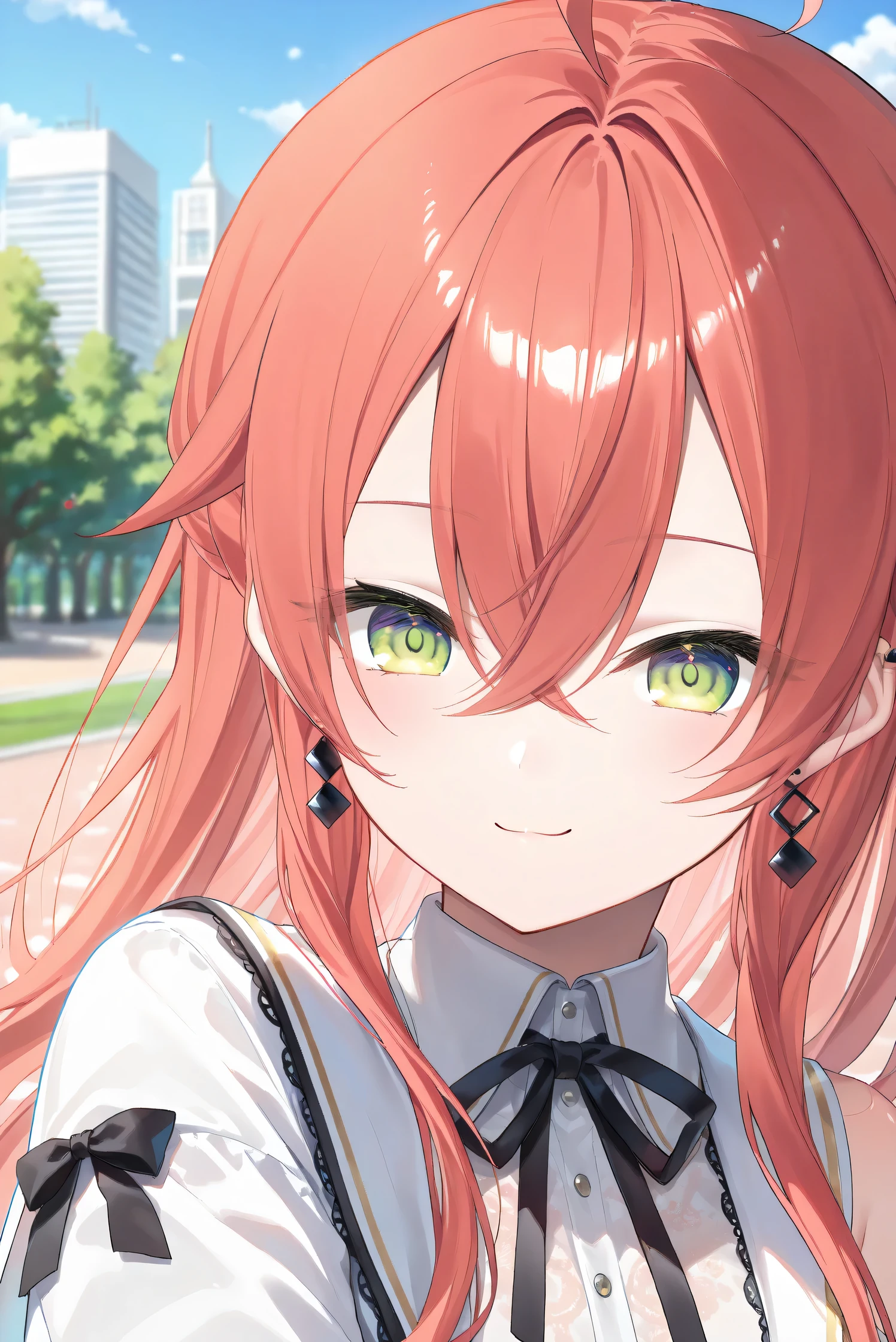 (Masterpiece), (Highest quality), (Very detailed),
(The best shape), (Best Shadow), (Absurd),
(Detailed background), (So beautiful), (Shiny),
(Extraordinary), (Countershading), (8k), (32K),
(High resolution), (Very Detailed CG), (UHD),
(Score_9), (Score_8_up), (Score_7_up),
(Source_anime), (Pastel painting:1.2),
(Watercolor painting:1.2),(Masterpiece, Detailed:1.2), (Foreshortening:1.2),
(Cinematic), (Dramatic), (Depth of field:1.4),
(Blurry background:1.4), (Realistic background:1.4),
(Foreshortening:1.3), (Dynamic angle), (1 girl), (solo),
(outdoor), (park), (nature), (wind), (big city),
(Kuramochi Meruto), (Nijisanji), (Virtual youtuber),
nijiakari, small breasts, green eyes, long eyelashes,
red hair, pink hair, orange hair, long hair, ahoge,
earring,
nijiakaricos, white shirt, collared shirt,
lace trimmed shirt, black neck ribbon,
single shoulder cutout, puffy long sleeves, breast bow, red bow, tuck in shirt,
single shoulder cape, white cape, long cape,
(portrait:1.2),
(focus on face), (close up shot),
(blash:1.3), (smile), (happy),
(looking back), (droopy eyes:1.3),
(looking at viewer),