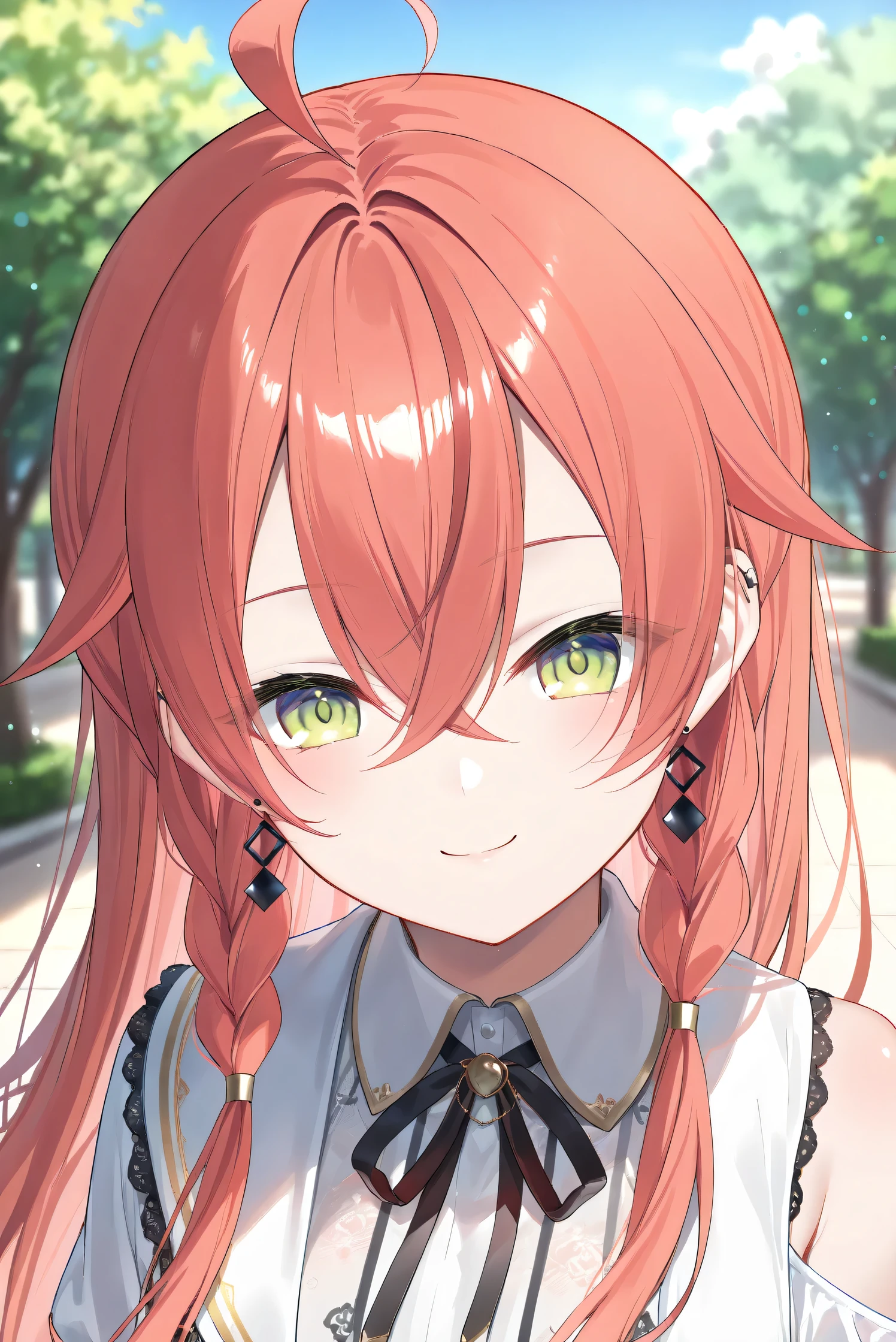 (Masterpiece), (Highest quality), (Very detailed),
(The best shape), (Best Shadow), (Absurd),
(Detailed background), (So beautiful), (Shiny),
(Extraordinary), (Countershading), (8k), (32K),
(High resolution), (Very Detailed CG), (UHD),
(Score_9), (Score_8_up), (Score_7_up),
(Source_anime), (Pastel painting:1.2),
(Watercolor painting:1.2),(Masterpiece, Detailed:1.2), (Foreshortening:1.2),
(Cinematic), (Dramatic), (Depth of field:1.4),
(Blurry background:1.4), (Realistic background:1.4),
(Foreshortening:1.3), (Dynamic angle), (1 girl), (solo),
(outdoor), (park), (nature), (wind), (big city),
(Kuramochi Meruto), (Nijisanji), (Virtual youtuber),
nijiakari, small breasts, green eyes, long eyelashes,
red hair, pink hair, orange hair, long hair, ahoge,
earring,
nijiakaricos, white shirt, collared shirt,
lace trimmed shirt, black neck ribbon,
single shoulder cutout, puffy long sleeves, breast bow, red bow, tuck in shirt,
single shoulder cape, white cape, long cape,
(portrait:1.2),
(focus on face), (close up shot),
(blash:1.3), (smile), (happy),
(looking back), (droopy eyes:1.3),
(looking at viewer),