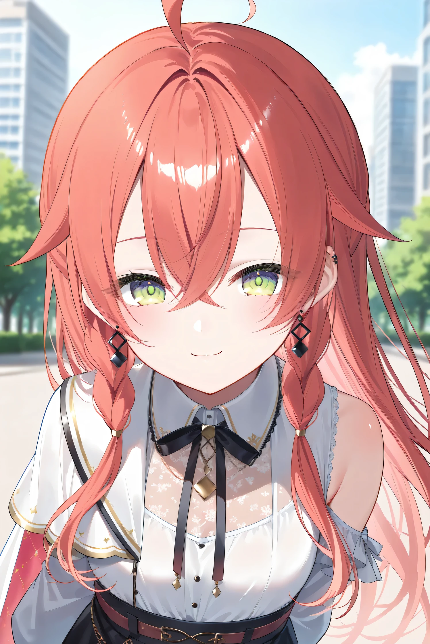 (Masterpiece), (Highest quality), (Very detailed), 
(The best shape), (Best Shadow), (Absurd), 
(Detailed background), (So beautiful), (Shiny), 
(Extraordinary), (Countershading), (8k), (32K), 
(High resolution), (Very Detailed CG), (UHD),

(Score_9), (Score_8_up), (Score_7_up), 
(Source_anime), (Pastel painting:1.2), 
(Watercolor painting:1.2),(Masterpiece, Detailed:1.2), (Foreshortening:1.2),

(Cinematic), (Dramatic), (Depth of field:1.4),
(Blurry background:1.4), (Realistic background:1.4),
(Foreshortening:1.3), (Dynamic angle), (1 girl), (solo), 

(outdoor), (park), (nature), (wind), (big city), 

(Kuramochi Meruto), (Nijisanji), (Virtual youtuber), 

nijiakari, small breasts, green eyes, long eyelashes, 
red hair, pink hair, orange hair, long hair, ahoge, 
earring,

nijiakaricos, white shirt, collared shirt, 
lace trimmed shirt, black neck ribbon, 
single shoulder cutout, puffy long sleeves, breast bow, red bow, tuck in shirt, 
single shoulder cape, white cape, long cape,

(portrait:1.2), 
(focus on face), (close up shot), 
(blash:1.3), (smile), (happy), 
(looking back), (droopy eyes:1.3), 
(looking at viewer), 