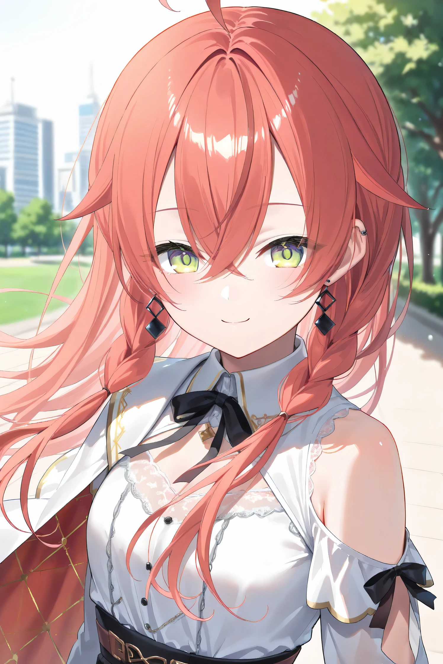 (Masterpiece), (Highest quality), (Very detailed), 
(The best shape), (Best Shadow), (Absurd), 
(Detailed background), (So beautiful), (Shiny), 
(Extraordinary), (Countershading), (8k), (32K), 
(High resolution), (Very Detailed CG), (UHD),

(Score_9), (Score_8_up), (Score_7_up), 
(Source_anime), (Pastel painting:1.2), 
(Watercolor painting:1.2),(Masterpiece, Detailed:1.2), (Foreshortening:1.2),

(Cinematic), (Dramatic), (Depth of field:1.4),
(Blurry background:1.4), (Realistic background:1.4),
(Foreshortening:1.3), (Dynamic angle), (1 girl), (solo), 

(outdoor), (park), (nature), (wind), (big city), 

(Kuramochi Meruto), (Nijisanji), (Virtual youtuber), 

nijiakari, small breasts, green eyes, long eyelashes, 
red hair, pink hair, orange hair, long hair, ahoge, 
earring,

nijiakaricos, white shirt, collared shirt, 
lace trimmed shirt, black neck ribbon, 
single shoulder cutout, puffy long sleeves, breast bow, red bow, tuck in shirt, 
single shoulder cape, white cape, long cape,

(portrait:1.2), 
(focus on face), (close up shot), 
(blash:1.3), (smile), (happy), 
(looking back), (droopy eyes:1.3), 
(looking at viewer), 