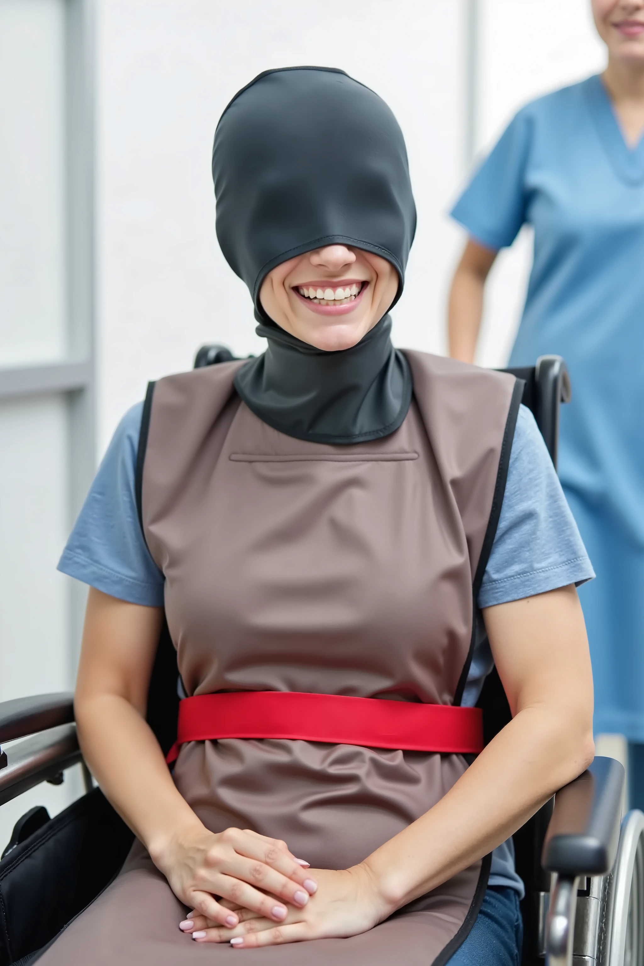 a 35 year old woman is in a futuristic hospital room, she sits in a powered wheelchair, a thick padded neoprene wheelchair harness that is pink restrains her, the woman wears a shining black latex head covering that covers her entire face, a small valve at her ear provides air and hearing, the woman has a thick shiny brown lead apron covering her body up to her neck under the harness, a thick tight red hip belt restrains her hips, red straps restrain her legs, the woman smiles beneath the latex head covering, 70% opacity of the latex