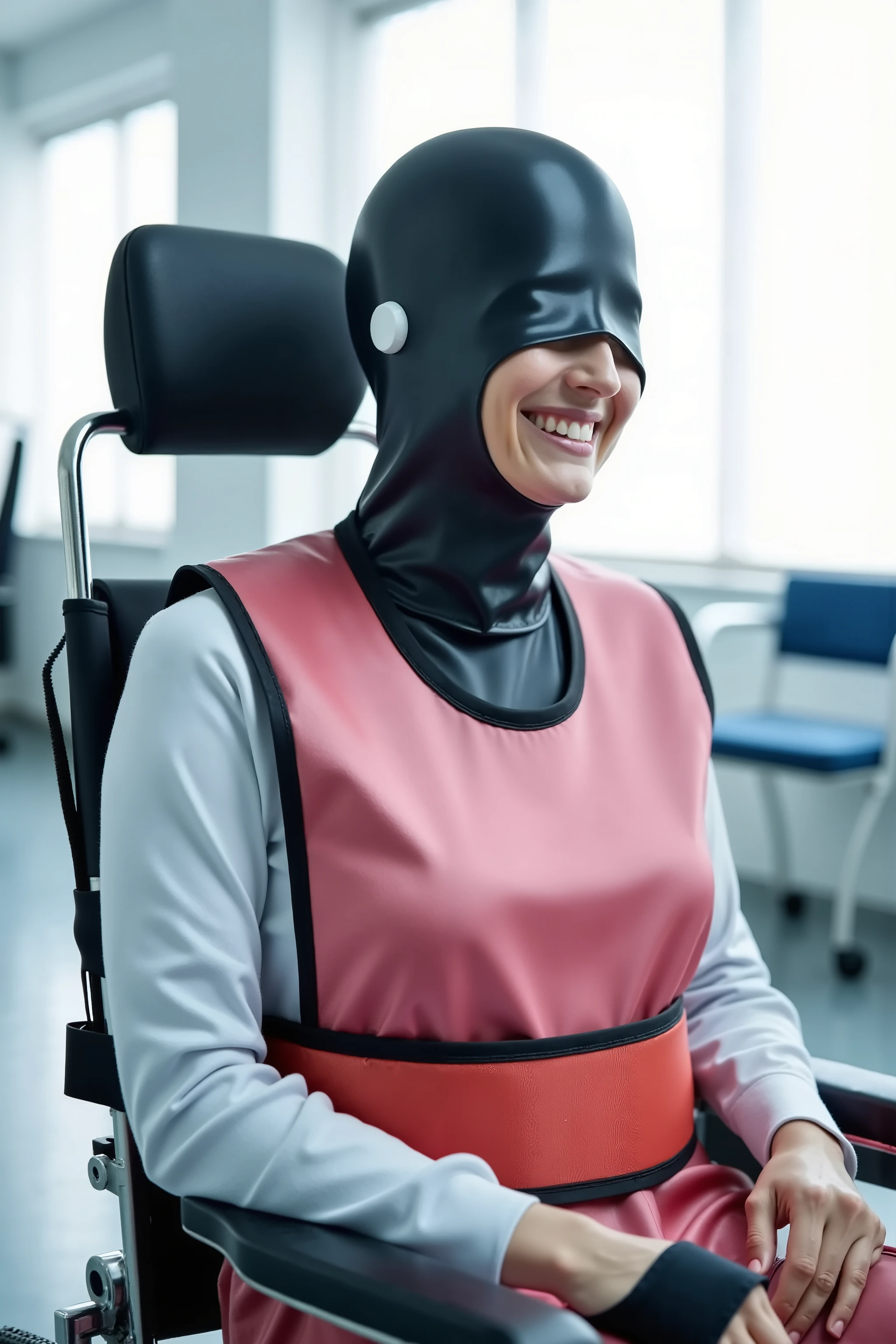 a 35 year old woman is in a futuristic hospital room, she sits in a powered wheelchair, a thick padded neoprene wheelchair harness that is pink restrains her, the woman wears a shining black latex head covering that covers her entire face, a small valve at her ear provides air and hearing, the woman has a thick shiny brown lead apron covering her body up to her neck under the harness, a thick tight red hip belt restrains her hips, red straps restrain her legs, the woman smiles beneath the latex head covering, 70% opacity of the latex