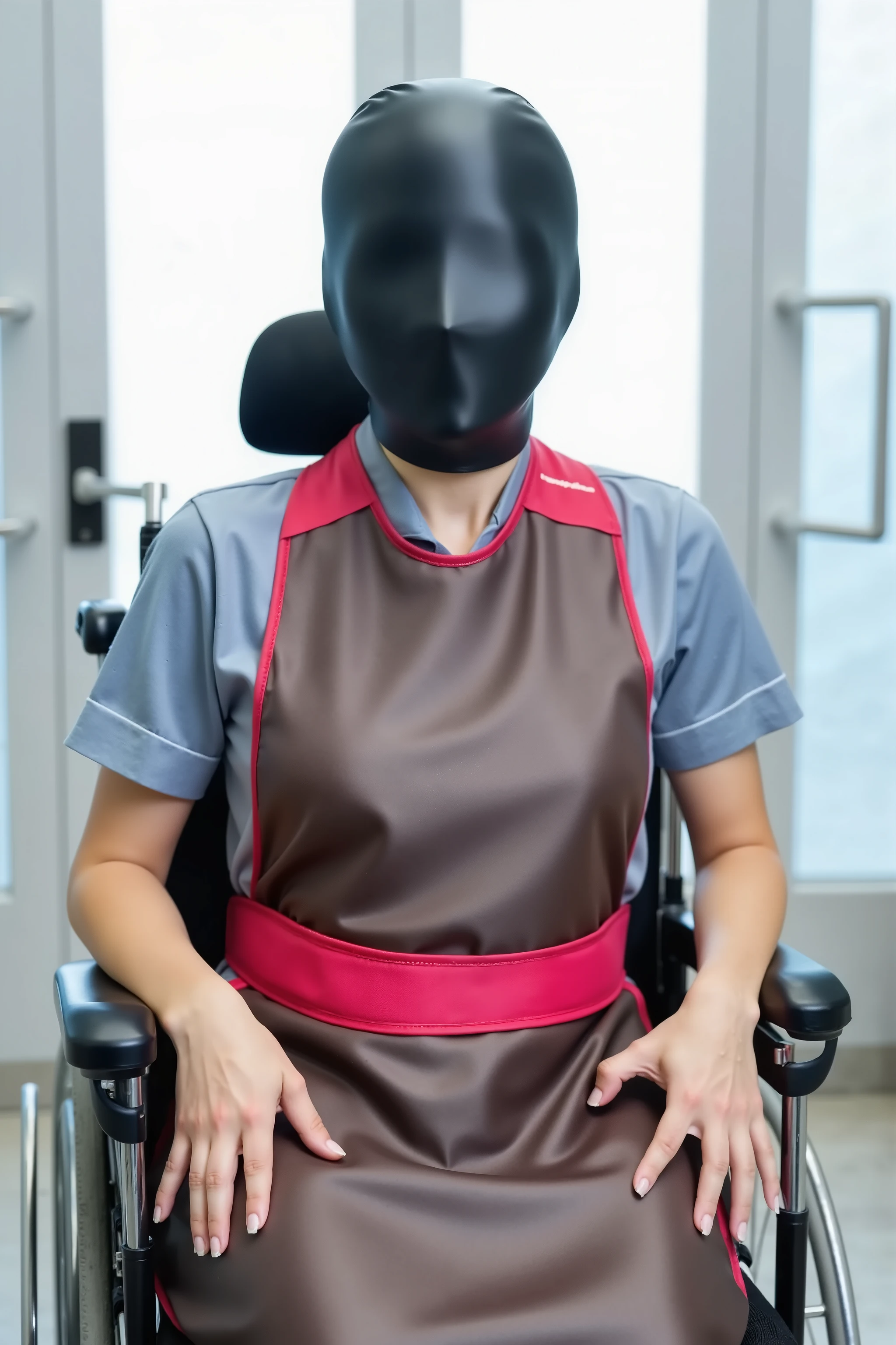 a 35 year old woman is in a futuristic hospital room, she sits in a powered wheelchair, a thick padded neoprene wheelchair harness that is pink restrains her, the woman wears a shining black latex head covering that covers her entire face, a small valve at her ear provides air and hearing, the woman has a thick shiny brown lead apron covering her body up to her neck under the harness, a thick tight red hip belt restrains her hips, red straps restrain her legs, the woman smiles beneath the latex head covering, 70% opacity of the latex