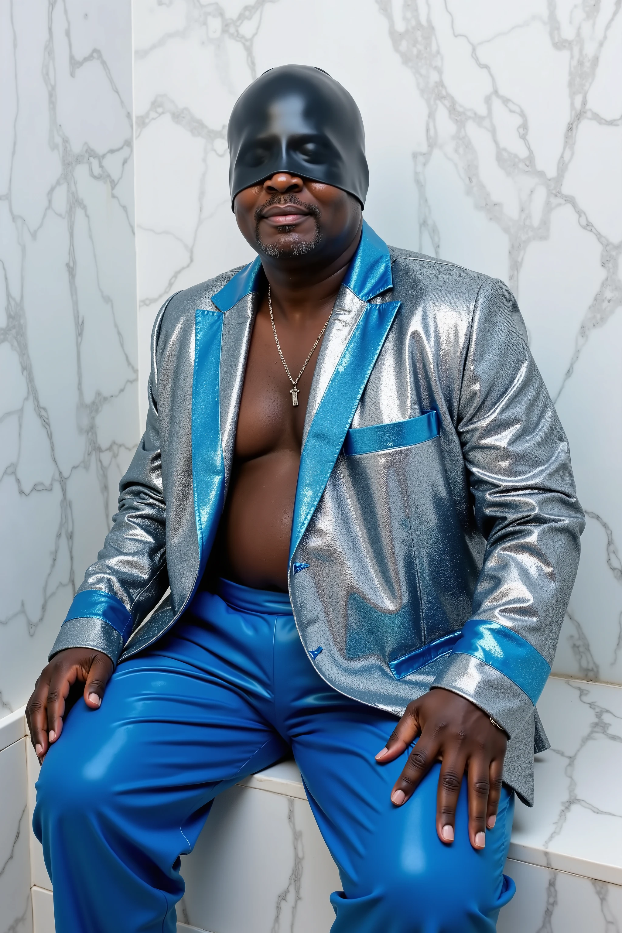 in a steamroom made of white marble, a man that is 59 years old black and fat sits on a bench, wearing a shiny silver and blue sequin blazer jacket with clearly demarcated sequens, the man wears 80% opacity blue plastic pants, the man sweats heavily, wearing a shiny black latex head covering that covers his eyes and nose,