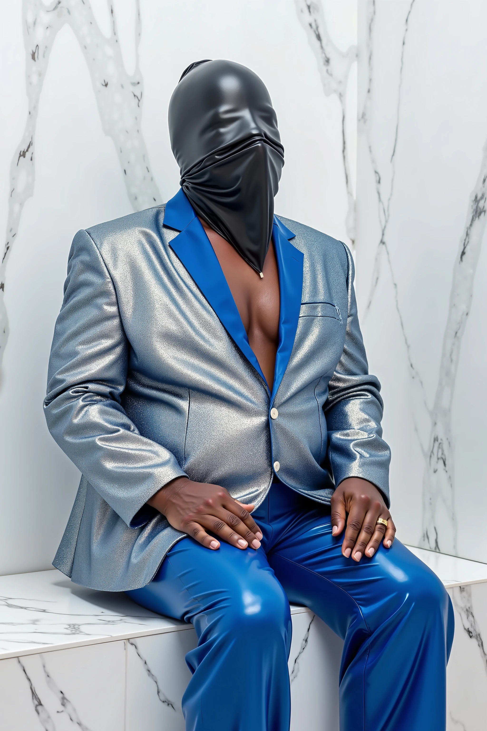 in a steamroom made of white marble, a man that is 59 years old black and fat sits on a bench, wearing a shiny silver and blue sequin blazer jacket with clearly demarcated sequens, the man wears 80% opacity blue plastic pants, the man sweats heavily, wearing a shiny black latex head covering that covers his eyes and nose,