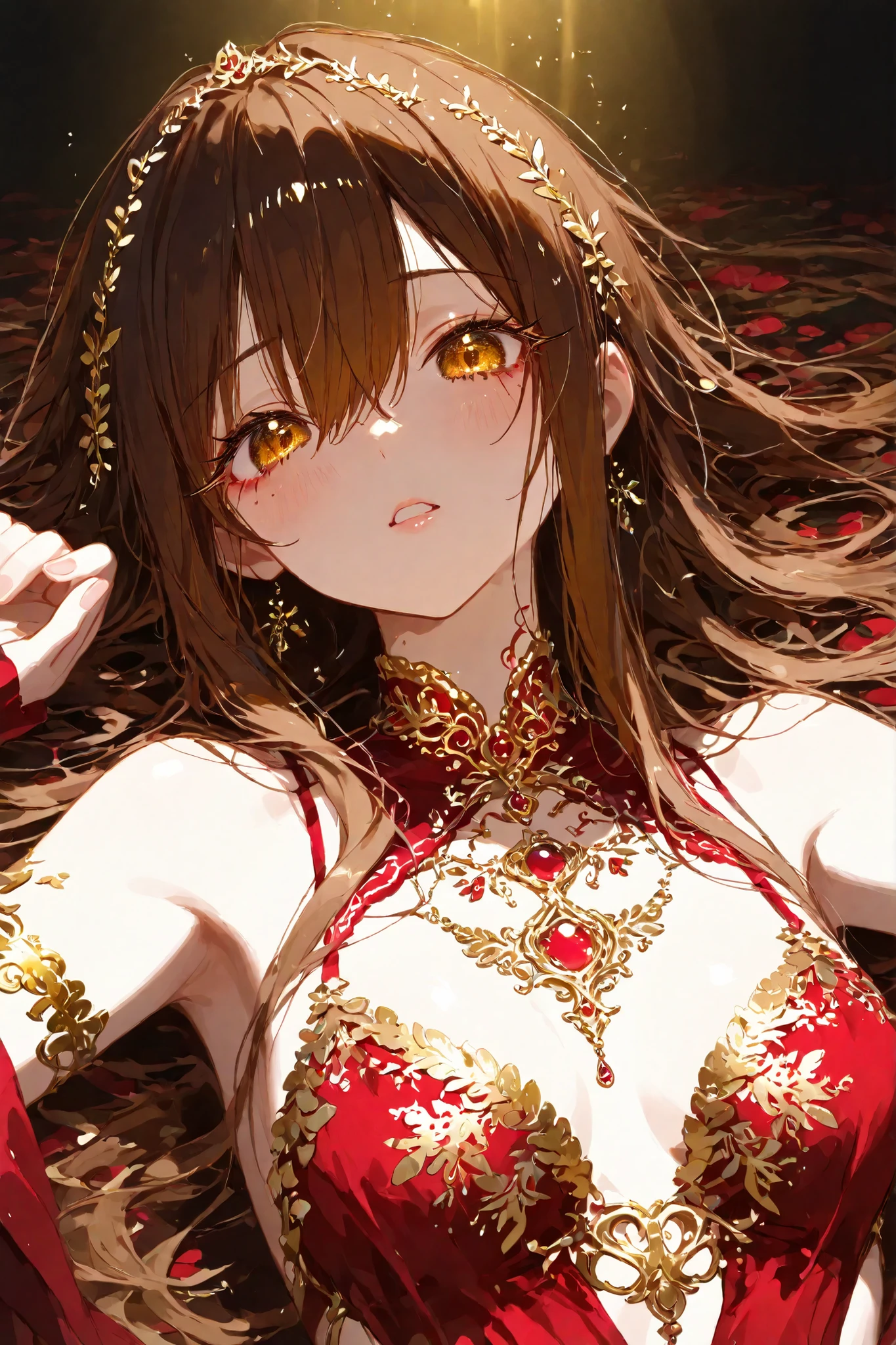 A digital portrait of a young woman lying down gracefully, with long, straight dark brown hair that flows freely without bangs, framing her face naturally. She has thick, well-defined dark eyebrows, long dramatic eyelashes, almond-shaped eyes with a soft yet intense expression, subtle contoured makeup highlighting her cheekbones, and full, shapely lips. Her skin is smooth with a warm golden undertone. She is dressed in an ornate historical concubine outfit of flowing silk fabrics in deep crimson and gold, embroidered with intricate phoenix and floral designs. Delicate gold and jade jewelry adorns her neck and wrists, and her hair is decorated with elegant golden ornaments. The style is cinematic and highly detailed, with dramatic lighting, rich textures, and an atmosphere of regal mystery.