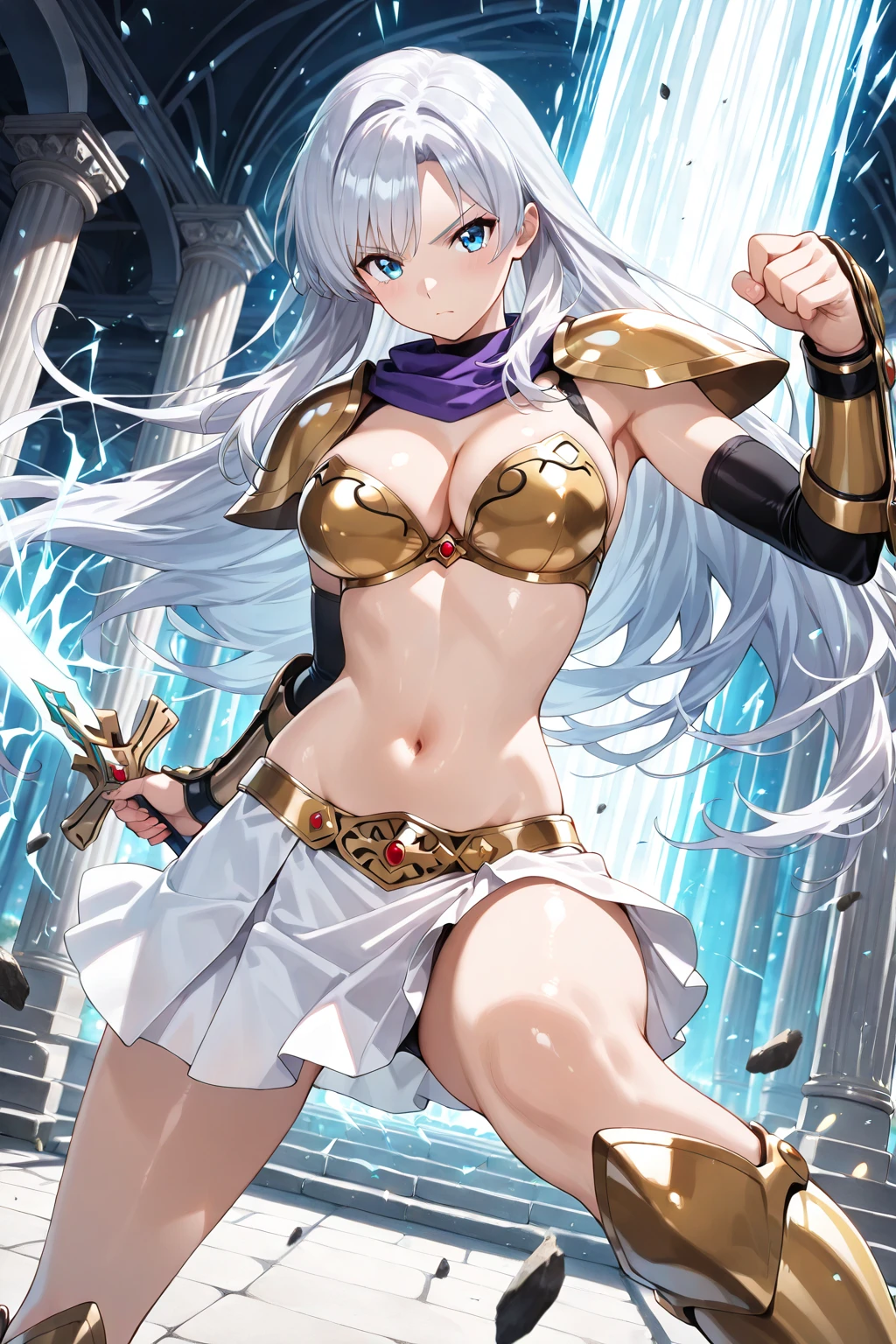 Imaginie uma guerreira amazona de pele morena, vestida com uma imponente armadura feita de ferro e obsidiana preta. Sua armadura cobre todo o corpo, highlighting his strength and dexterity. Seus cabelos longos caem em cascata em torno de seus ombros, adding a touch of femininity to her powerful appearance. in her hands, She wields a battle spear made of gleaming silver, com uma ponta afiada de obsidiana preta. The spear is an extension of his skill and determination in battle. Para completar seu visual, ela usa brincos e colares, that add a touch of elegance and style to your fierce appearance. This Amazonian warrior in anime format is an imposing and courageous figure, pronta para enfrentar qualquer desafio que surja em seu caminho.