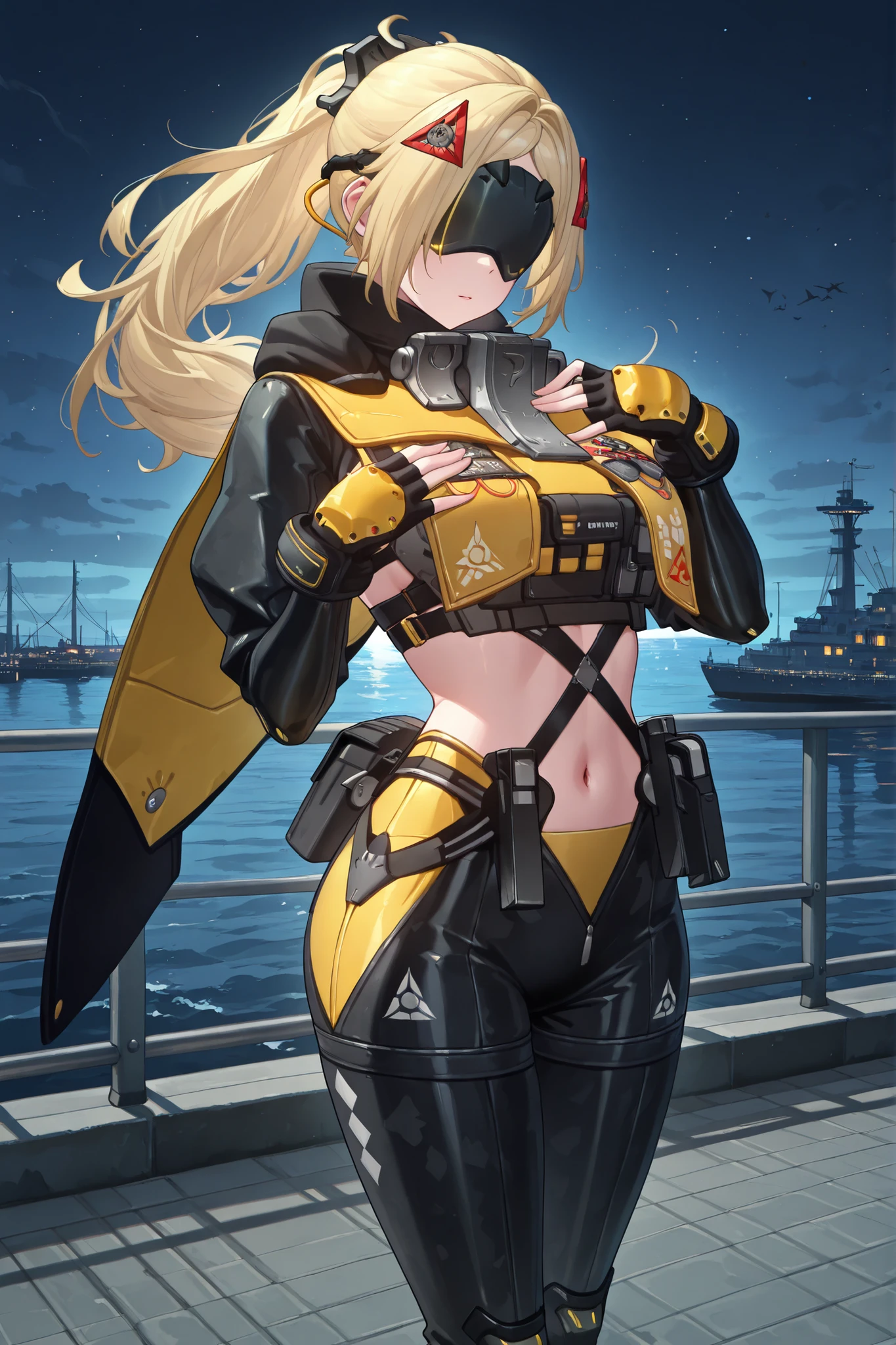 Watercolor painting,Perfect hand,masterpiece, best quality,very aesthetic, BREAK,(solo) (Trigger, blonde hair, hair ornaments, ponytail, metal blindfold, black blindfold, color lower-blindfold leds)(combat-suit, yellow and black combat-suit, black sleeves, midriff, navel, fingerless gloves, yellow and black wing cape, black pants, knee braces, black boots)(standing, looking at viewer, placing hair behind ear with one hand, dynamic pose, wind in hair, hip tilt, one hand on own )(), BREAK (night sky, harbour)(cinematic lighting),