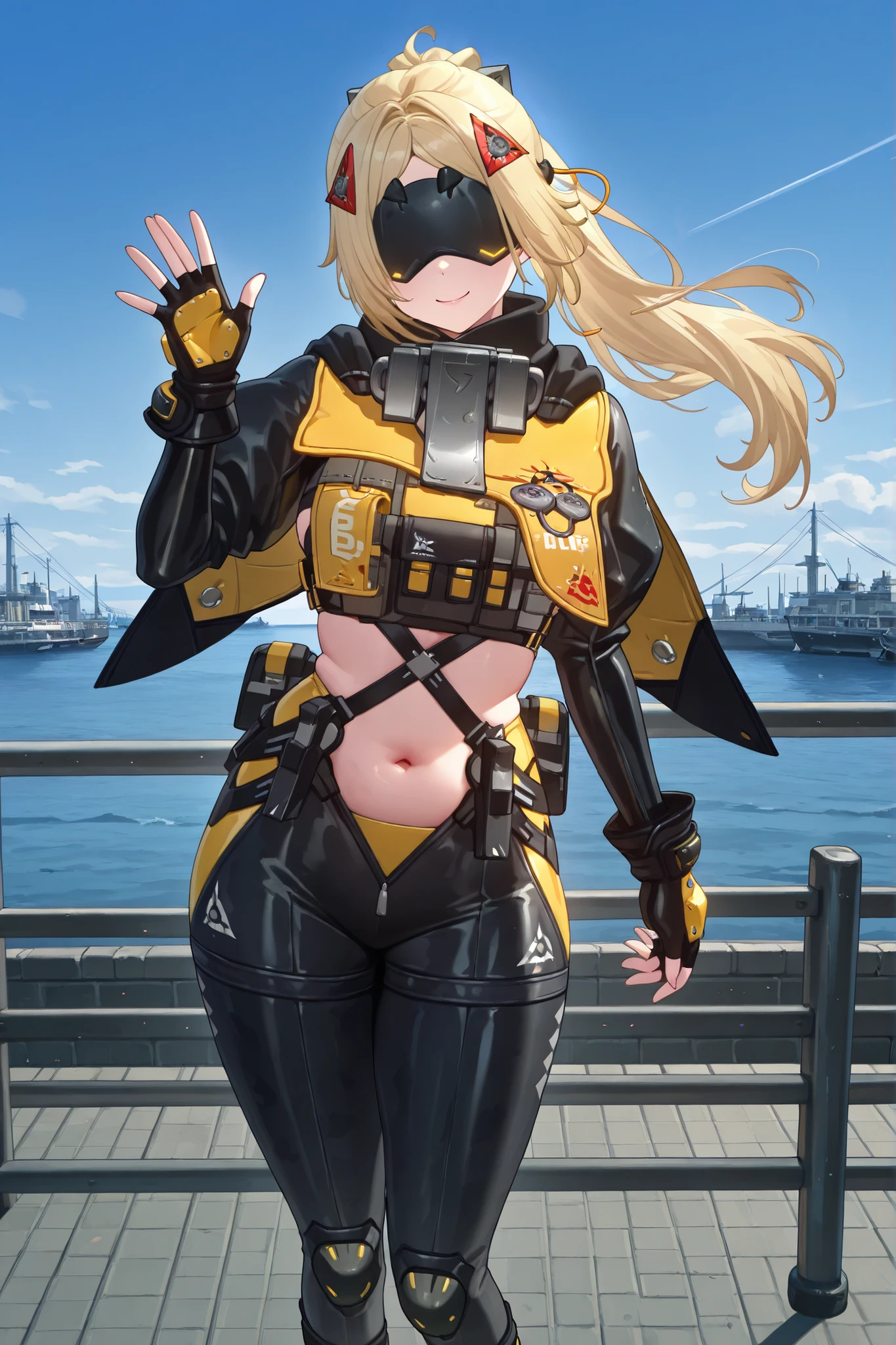 Watercolor painting,Perfect hand,masterpiece, best quality,very aesthetic, BREAK,(solo) (Trigger, blonde hair, hair ornaments, ponytail, metal blindfold, black blindfold, color lower-blindfold leds)(combat-suit, yellow and black combat-suit, black sleeves, midriff, navel, fingerless gloves, yellow and black wing cape, black pants, knee braces, black boots)(standing, looking at viewer, waving with one hand, dynamic pose, wind in hair, hip tilt, smiling, happy)(plump), BREAK (blue sky, harbour)(cinematic lighting),