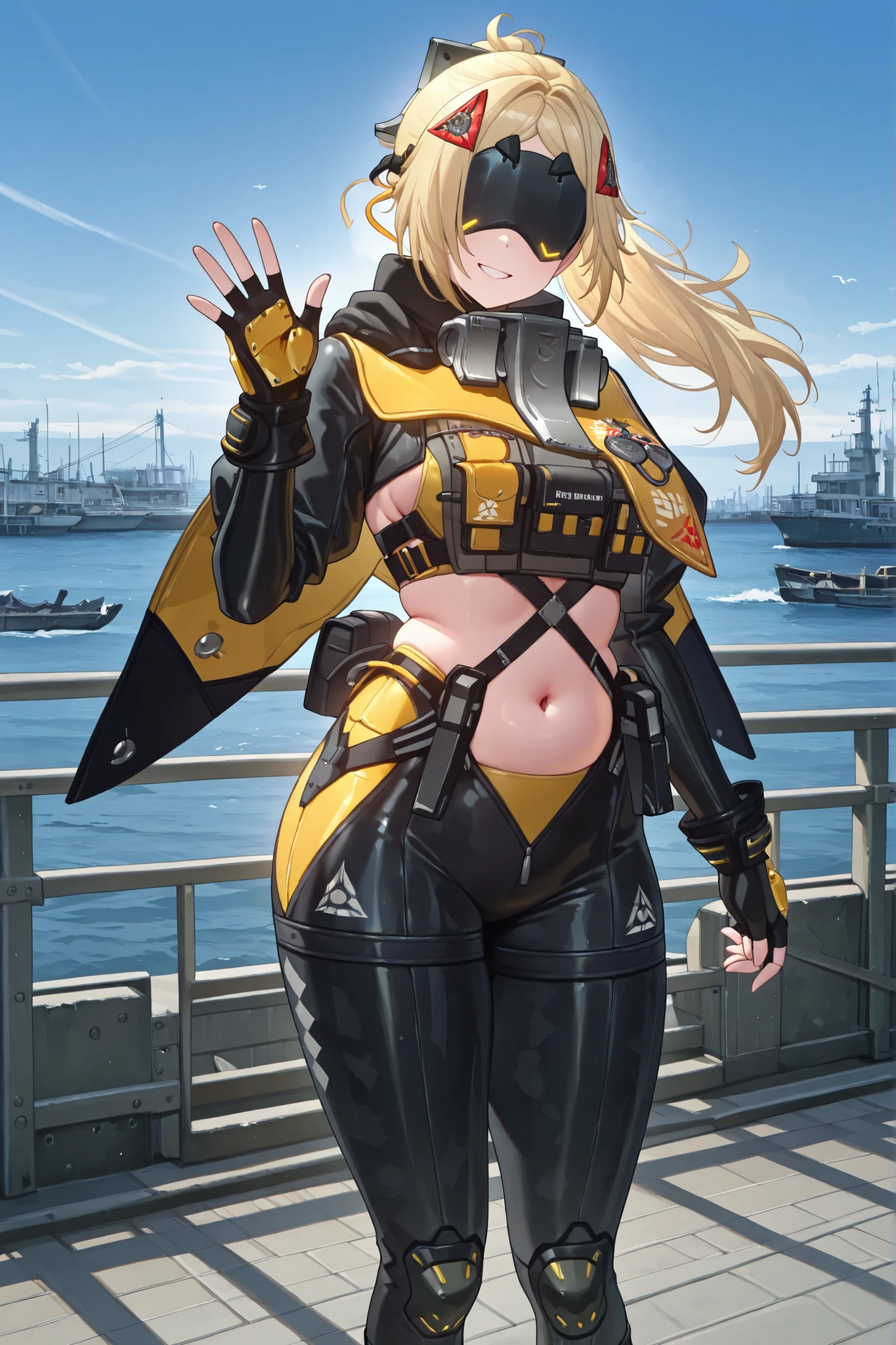Watercolor painting,Perfect hand,masterpiece, best quality,very aesthetic, BREAK,(solo) (Trigger, blonde hair, hair ornaments, ponytail, metal blindfold, black blindfold, color lower-blindfold leds)(combat-suit, yellow and black combat-suit, black sleeves, midriff, navel, fingerless gloves, yellow and black wing cape, black pants, knee braces, black boots)(standing, looking at viewer, waving with one hand, dynamic pose, wind in hair, hip tilt, smiling, happy)(plump), BREAK (blue sky, harbour)(cinematic lighting),