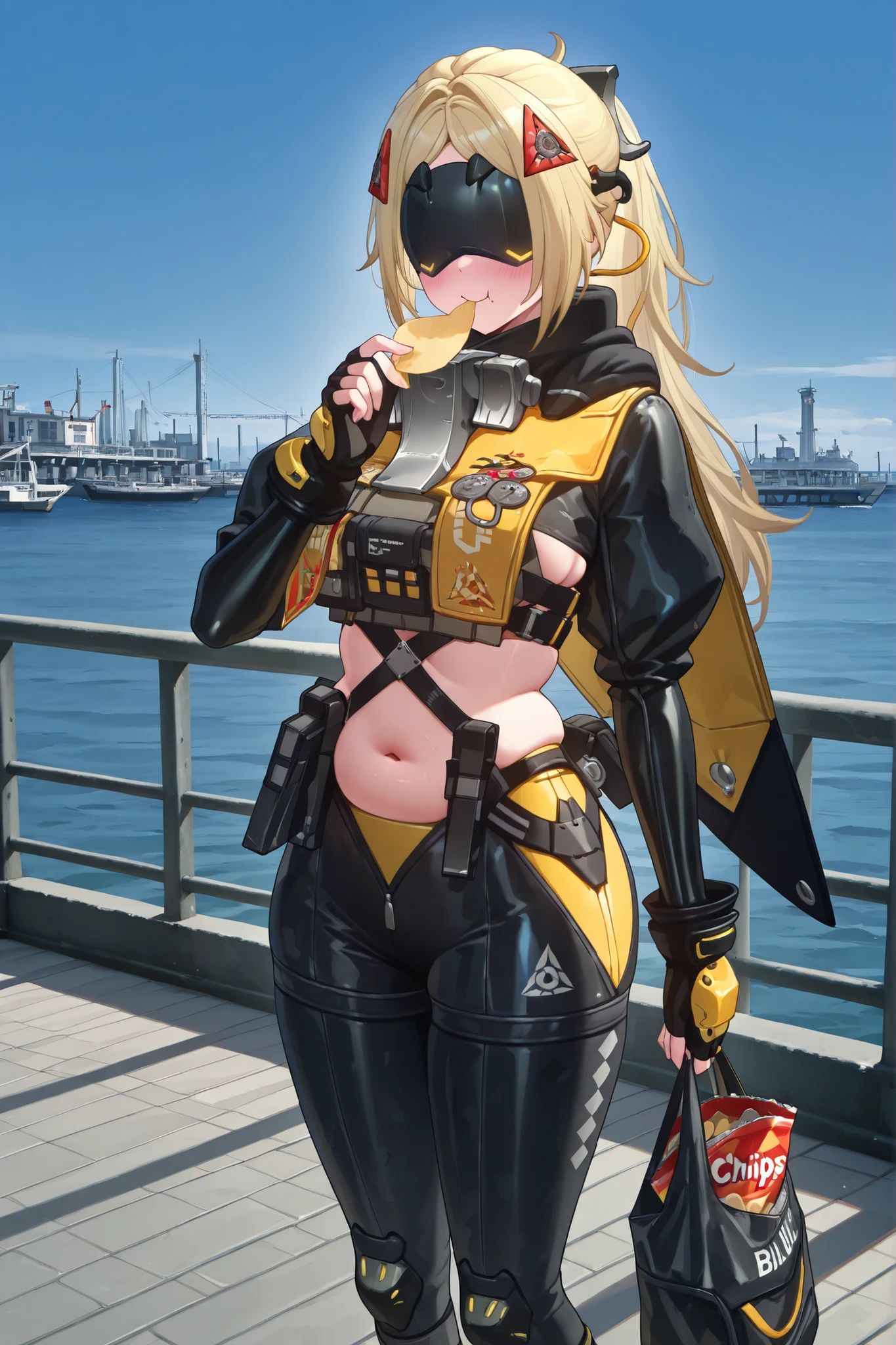 Watercolor painting,Perfect hand,masterpiece, best quality,very aesthetic, BREAK,(solo) (Trigger, blonde hair, hair ornaments, ponytail, metal blindfold, black blindfold, color lower-blindfold leds)(combat-suit, yellow and black combat-suit, black sleeves, midriff, navel, fingerless gloves, yellow and black wing cape, black pants, knee braces, black boots)(standing, looking at viewer, happy, blushing, holding bag of chips, eating)(chubby, skidentation), BREAK (blue sky, harbour)(cinematic lighting),