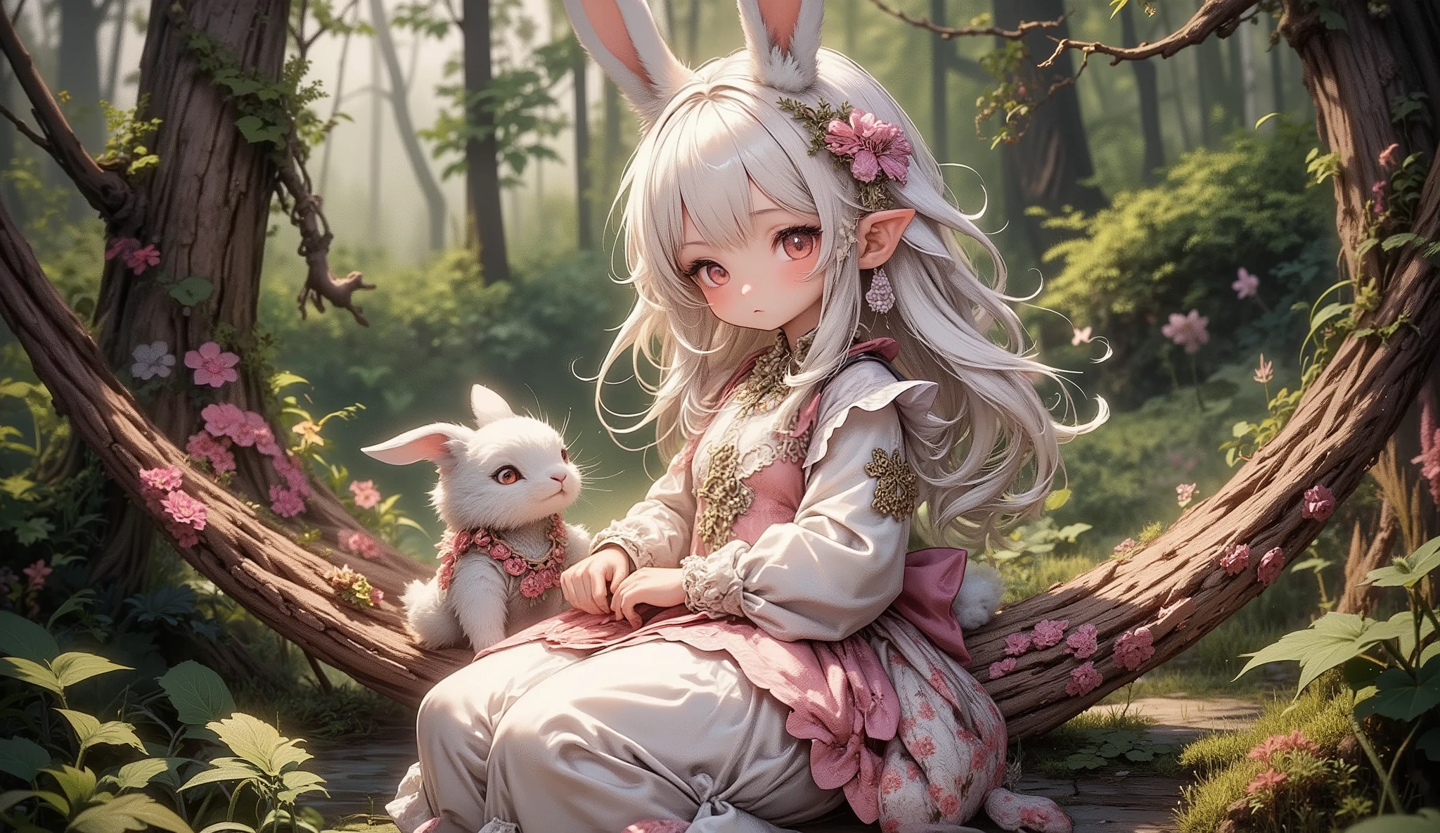 (Highest Quality, Super Detailed:1.5), 8k,(one girl), (Elf Girl with Rabbit Ears:1.5),platinum blonde hair, very long hair, round eyes,(Rabbit Ears Grow:1.5), (Anatomically Accurate Hand:1.5),( RED Beautiful Eyes :1.5), full body, lift your arms back, small breasts,(Beautiful Vines and Flowers々I'm playing with fairies like rabbits:1.5),( beautiful flowers 々of each tree is in full bloom:1.5), (Beautiful Fantastic Forest in the Background:1.5), (This is a long-sleeved white and pink ruffle collar dress:1.5), (I'm sitting in a hammock。The hammock swings :1.5),(Girl holding a biologically accurate rabbit:1.5),(Anatomically Accurate Hand:1.5),
