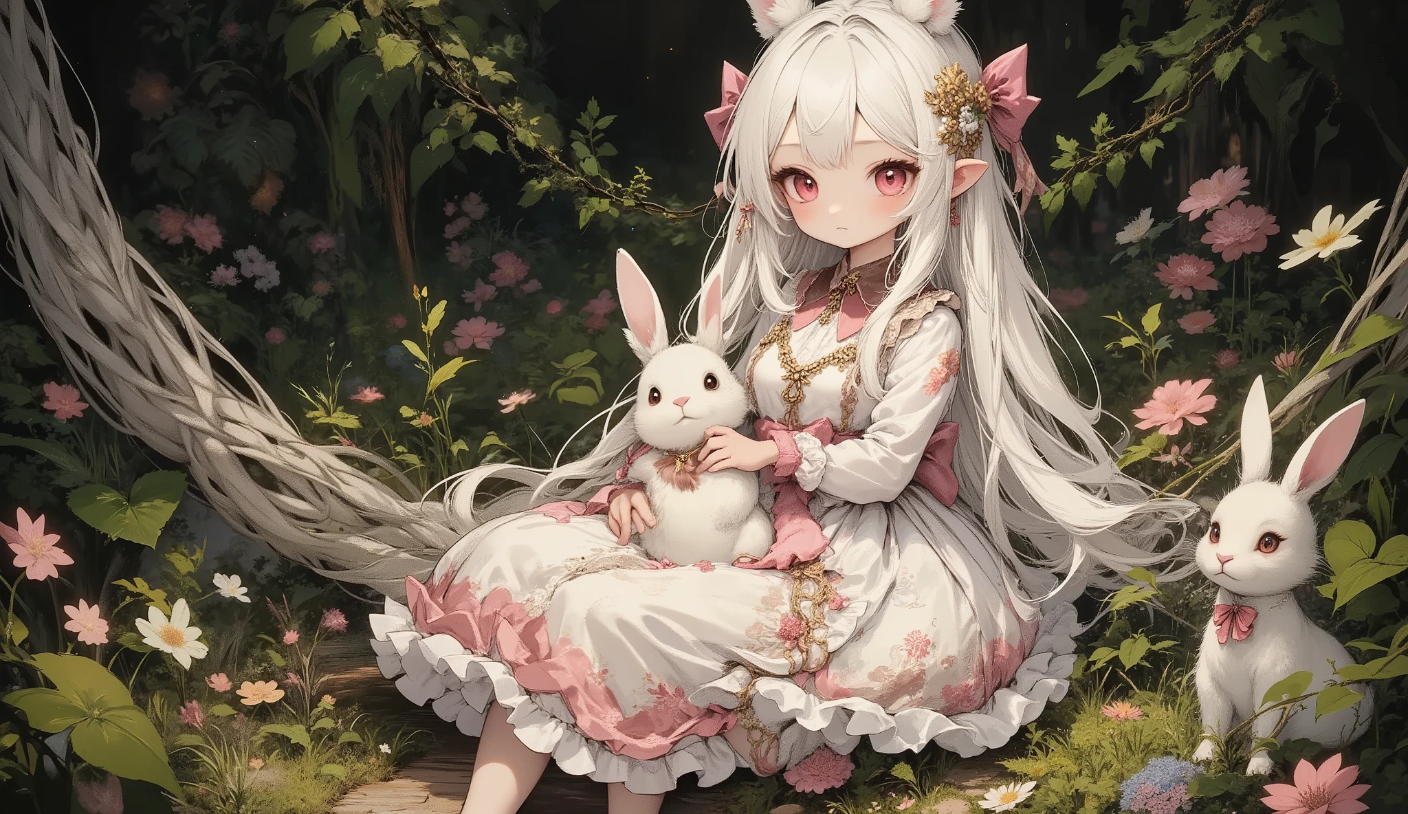 (Highest Quality, Super Detailed:1.5), 8k,(one girl), (Elf Girl with Rabbit Ears:1.5),platinum blonde hair, very long hair, round eyes,(Rabbit Ears Grow:1.5), (Anatomically Accurate Hand:1.5),( RED Beautiful Eyes :1.5), full body, lift your arms back, small breasts,(Beautiful Vines and Flowers々I'm playing with fairies like rabbits:1.5),( beautiful flowers 々of each tree is in full bloom:1.5), (Beautiful Fantastic Forest in the Background:1.5), (This is a long-sleeved white and pink ruffle collar dress:1.5), (I'm sitting in a hammock。The hammock swings :1.5),(Girl holding a biologically accurate rabbit:1.5),(Anatomically Accurate Hand:1.5),