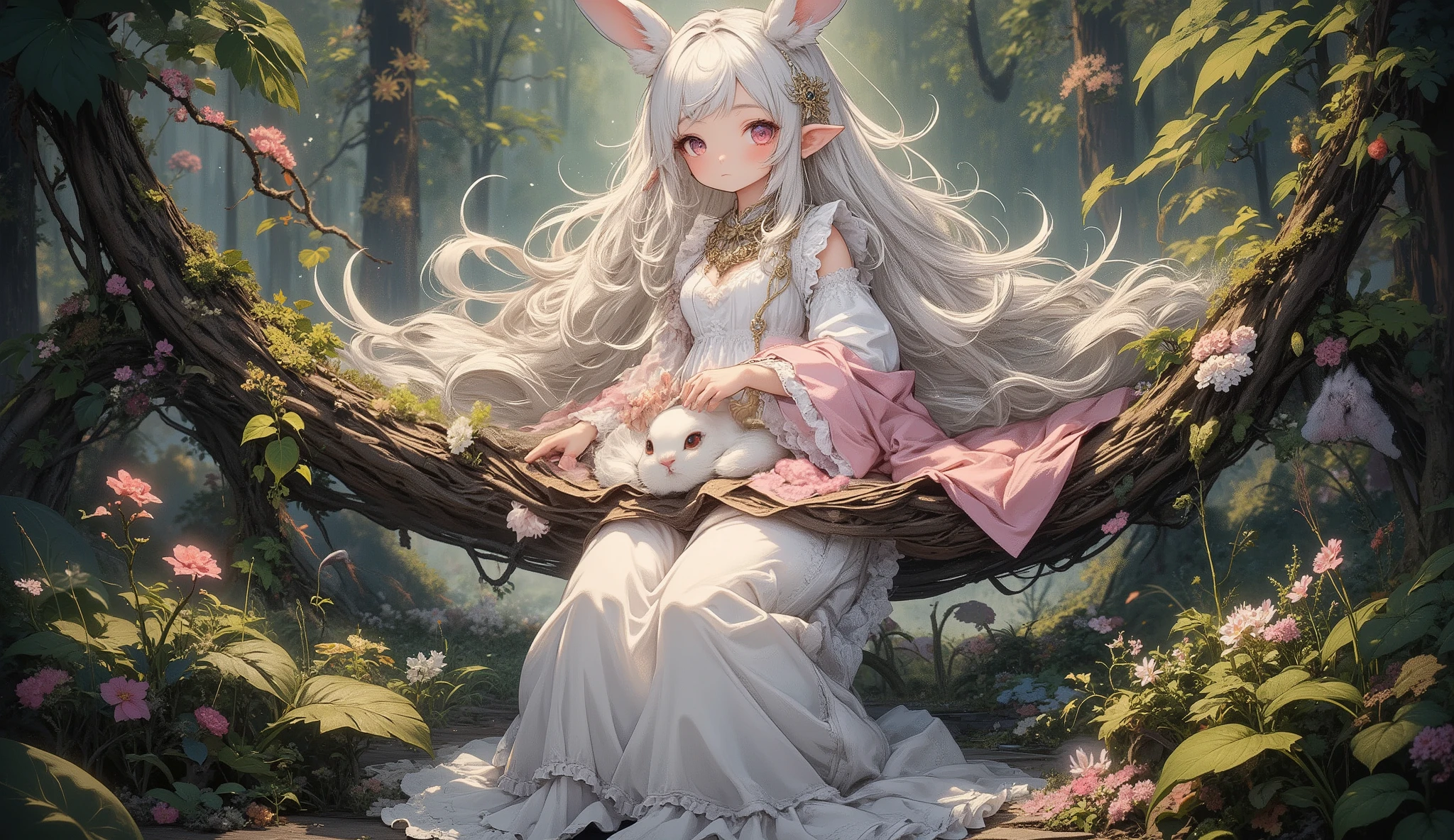 (Highest Quality, Super Detailed:1.5), 8k,(one girl), (Elf Girl with Rabbit Ears:1.5),platinum blonde hair, very long hair, round eyes,(Rabbit Ears Grow:1.5), (Anatomically Accurate Hand:1.5),( RED Beautiful Eyes :1.5), full body, lift your arms back, small breasts,(Beautiful Vines and Flowers々I'm playing with fairies like rabbits:1.5),( beautiful flowers 々of each tree is in full bloom:1.5), (Beautiful Fantastic Forest in the Background:1.5), (This is a long-sleeved white and pink ruffle collar dress:1.5), (I'm sitting in a hammock。The hammock swings :1.5),(Girl holding a biologically accurate rabbit:1.5),(Anatomically Accurate Hand:1.5),(Your whole body fits on the screen:1.5),