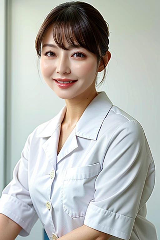 ((she is a doctor:1.1)), ((big :1.1)), (Wearing a white Casey-type lab coat in the examination room:1.3), (doctor in a white lab coat:1.1), (Doctor's attire), masutepiece, Best Quality, Ultra-detailed, finely detail, hight resolution, 8K Wallpaper, Perfect dynamic composition, Beautiful detailed eyes, mid-, Natural Color Lip, Random and  poses, Smile,48 years beautiful women, Examination room, stethoscope, Ultra-realistic capture, Highly detailed, High resolution 16k close-up of human skin. Skin texture must be natural, With such detail that pores can be finely identified. Skin should look healthy, In a uniform tone. Use natural light and color、a Japanese actress in her 48s with a bewitchingly beautiful appearance、