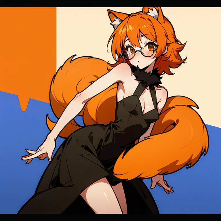 a redhead woman, very long hair falling to  height. She is wearing a purple blouse that highlights her .. She has red fox ears, with the inside of the ears in light pink, and a red fox tail with a light pink tip. Only his left arm is completely tattooed. She has fair white skin and a slim body with blue eyes.