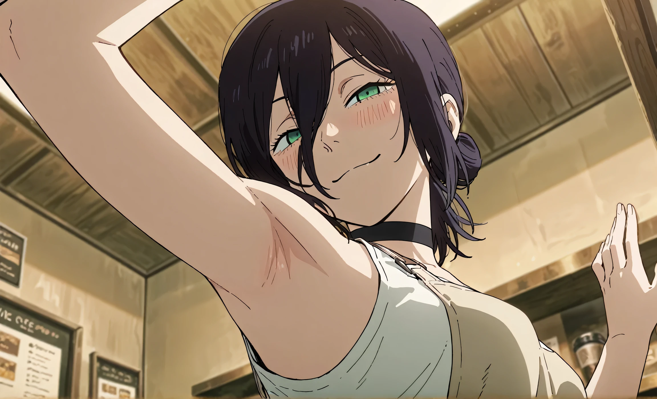 masterpiece, best quality, amazing quality, anime screencap, anime coloring, 1girl, solo, rezeanime, anime, chainsaw man, reze \(chainsaw man\), green eyes, medium hair, hair between eyes, single hair bun, choker, white shirt, sleeveless shirt, apron, bare shoulders, bare arms, arm up, raised arm, armpit, armpit focus, head towards viewer, looking at viewer, smile, narrowed eyes, blush, closed mouth, indoors, coffee shop, from side, from below