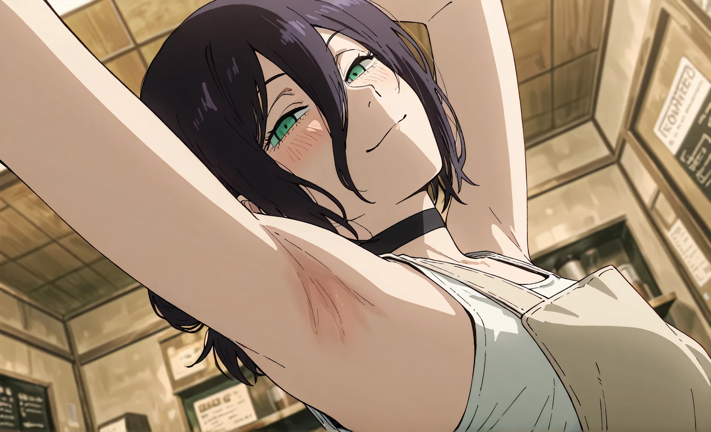 masterpiece, best quality, amazing quality, anime screencap, anime coloring, 1girl, solo, rezeanime, anime, chainsaw man, reze \(chainsaw man\), green eyes, medium hair, hair between eyes, single hair bun, choker, white shirt, sleeveless shirt, apron, bare shoulders, bare arms, arm up, raised arm, armpit, armpit focus, head towards viewer, looking at viewer, smile, narrowed eyes, blush, closed mouth, indoors, coffee shop, from side, from below, armpit up close, close-up of armpit 