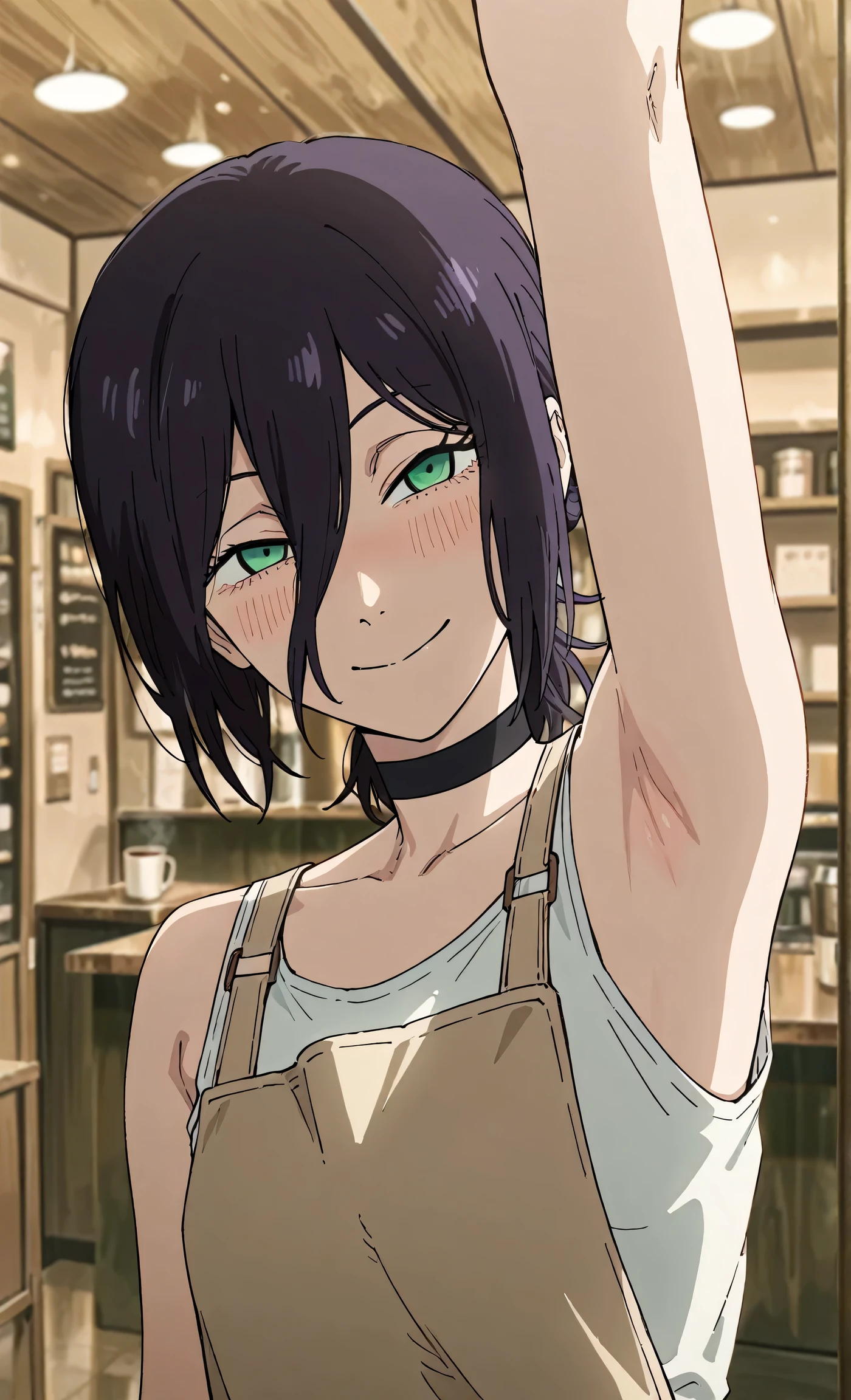 masterpiece, best quality, amazing quality, anime screencap, anime coloring, 1girl, solo, rezeanime, anime, chainsaw man, reze \(chainsaw man\), green eyes, medium hair, hair between eyes, single hair bun, choker, white shirt, sleeveless shirt, apron, bare shoulders, bare arms, arm up, raised arm, armpit, armpit focus, head towards viewer, looking at viewer, smile, narrowed eyes, blush, closed mouth, indoors, coffee shop