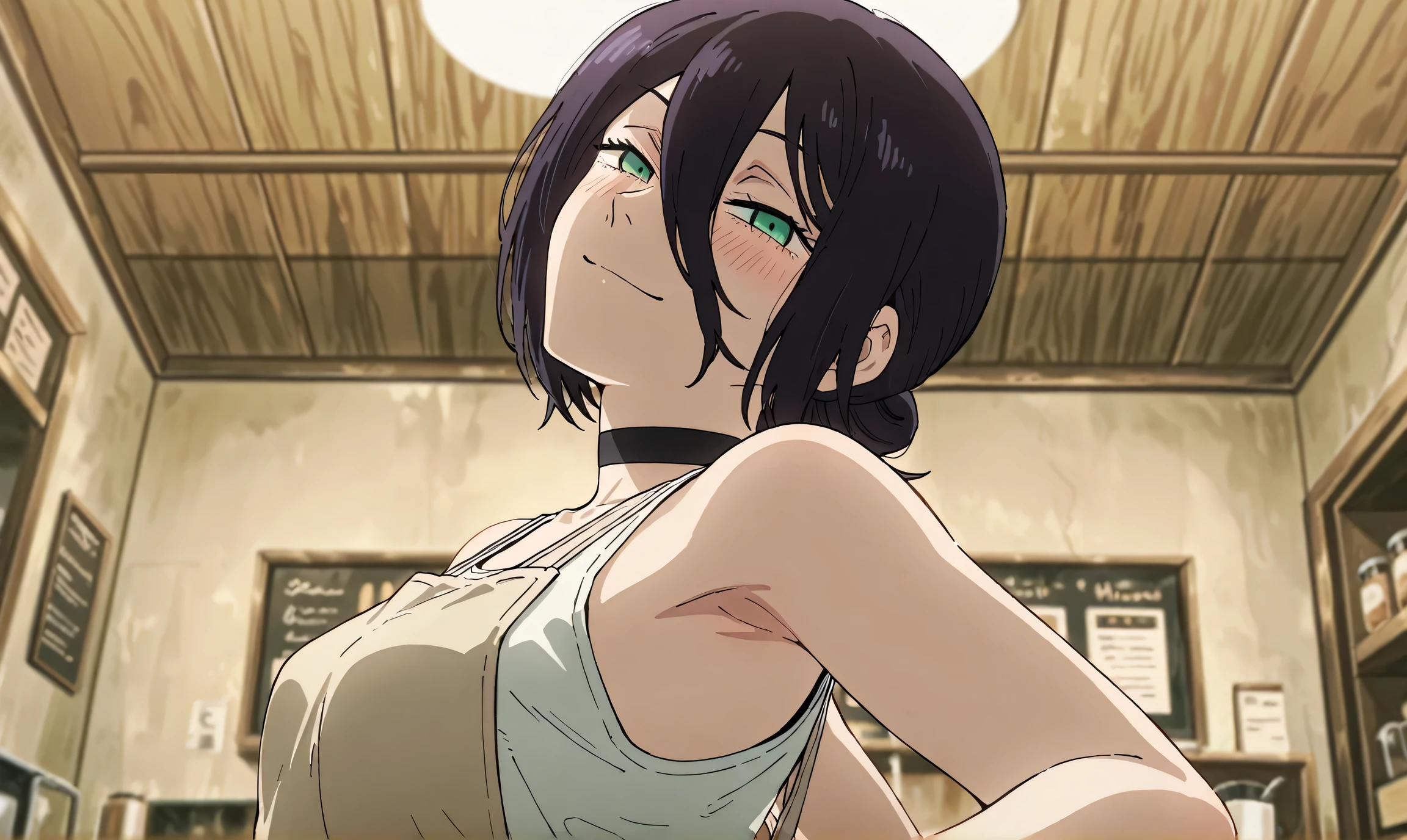 masterpiece, best quality, amazing quality, anime screencap, anime coloring, 1girl, solo, rezeanime, anime, chainsaw man, reze \(chainsaw man\), green eyes, medium hair, hair between eyes, single hair bun, choker, white shirt, sleeveless shirt, apron, bare shoulders, bare arms, armpit, armpit focus, head towards viewer, looking at viewer, smile, narrowed eyes, blush, closed mouth, indoors, coffee shop, from side, from below, leaning back