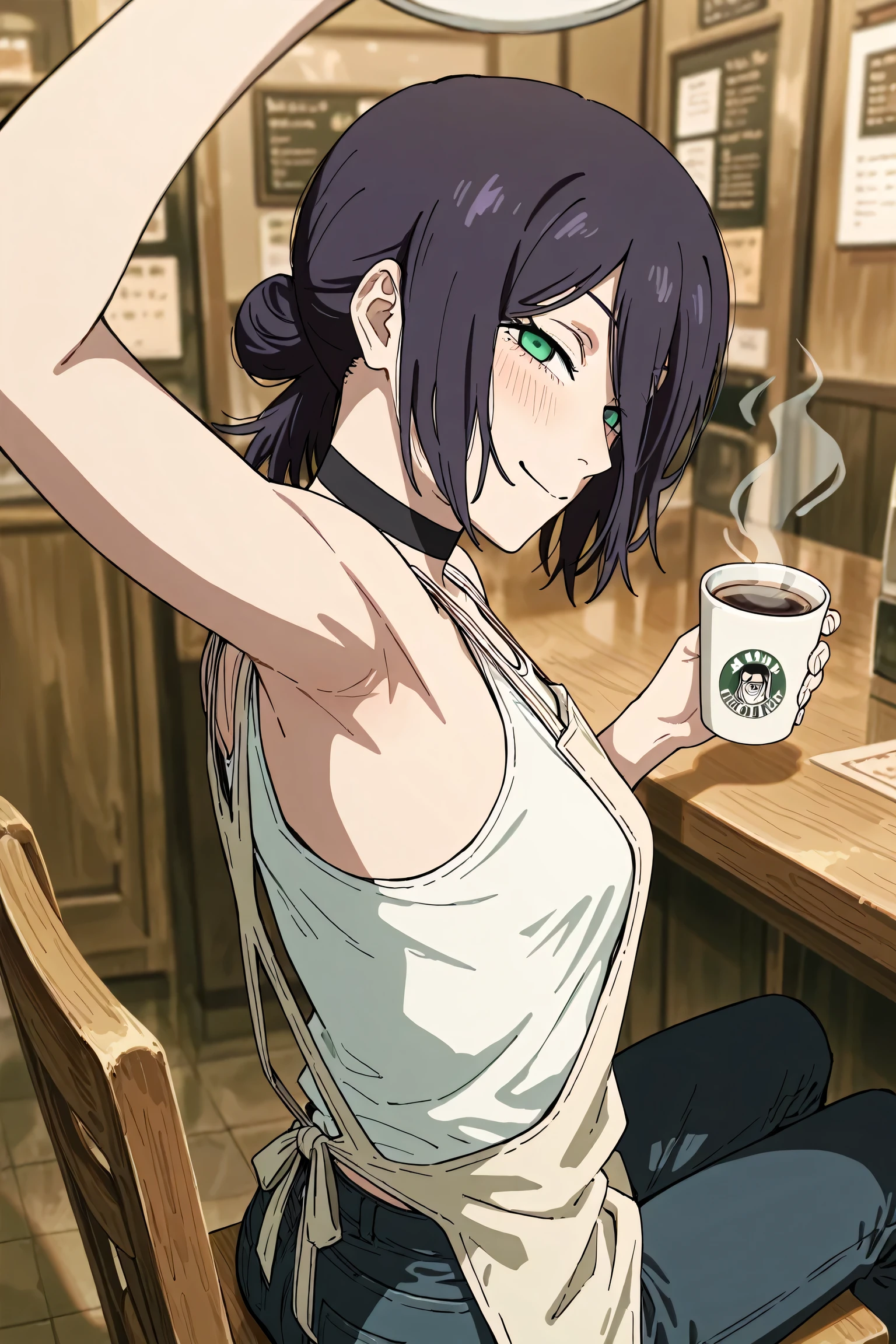 masterpiece, best quality, amazing quality, anime screencap, anime coloring, 1girl, solo, rezeanime, anime, chainsaw man, reze \(chainsaw man\), green eyes, medium hair, hair between eyes, single hair bun, choker, white shirt, sleeveless shirt, apron, bare shoulders, bare arms, arm up, raised arm, armpit, armpit focus, head towards viewer, looking at viewer, smile, narrowed eyes, blush, closed mouth, indoors, coffee shop, from side, from behind, sitting on a chair, jeans, holding a cup of coffee