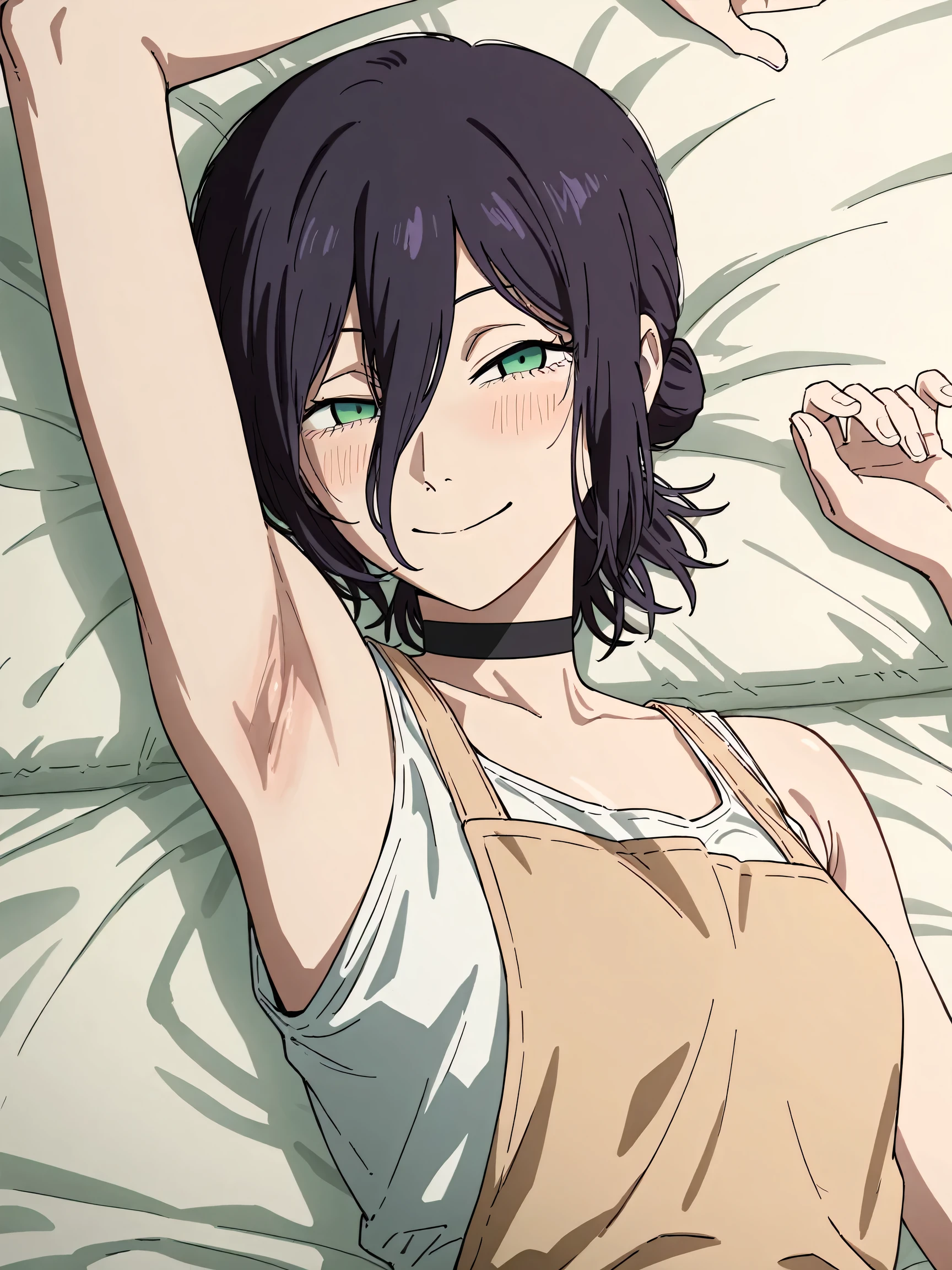 masterpiece, best quality, amazing quality, anime screencap, anime coloring, 1girl, solo, rezeanime, anime, chainsaw man, reze \(chainsaw man\), green eyes, medium hair, hair between eyes, single hair bun, choker, white shirt, sleeveless shirt, apron, bare shoulders, bare arms, arm up, raised arm, armpit, armpit focus, head towards viewer, looking at viewer, smile, narrowed eyes, blush, closed mouth, lying in bed 