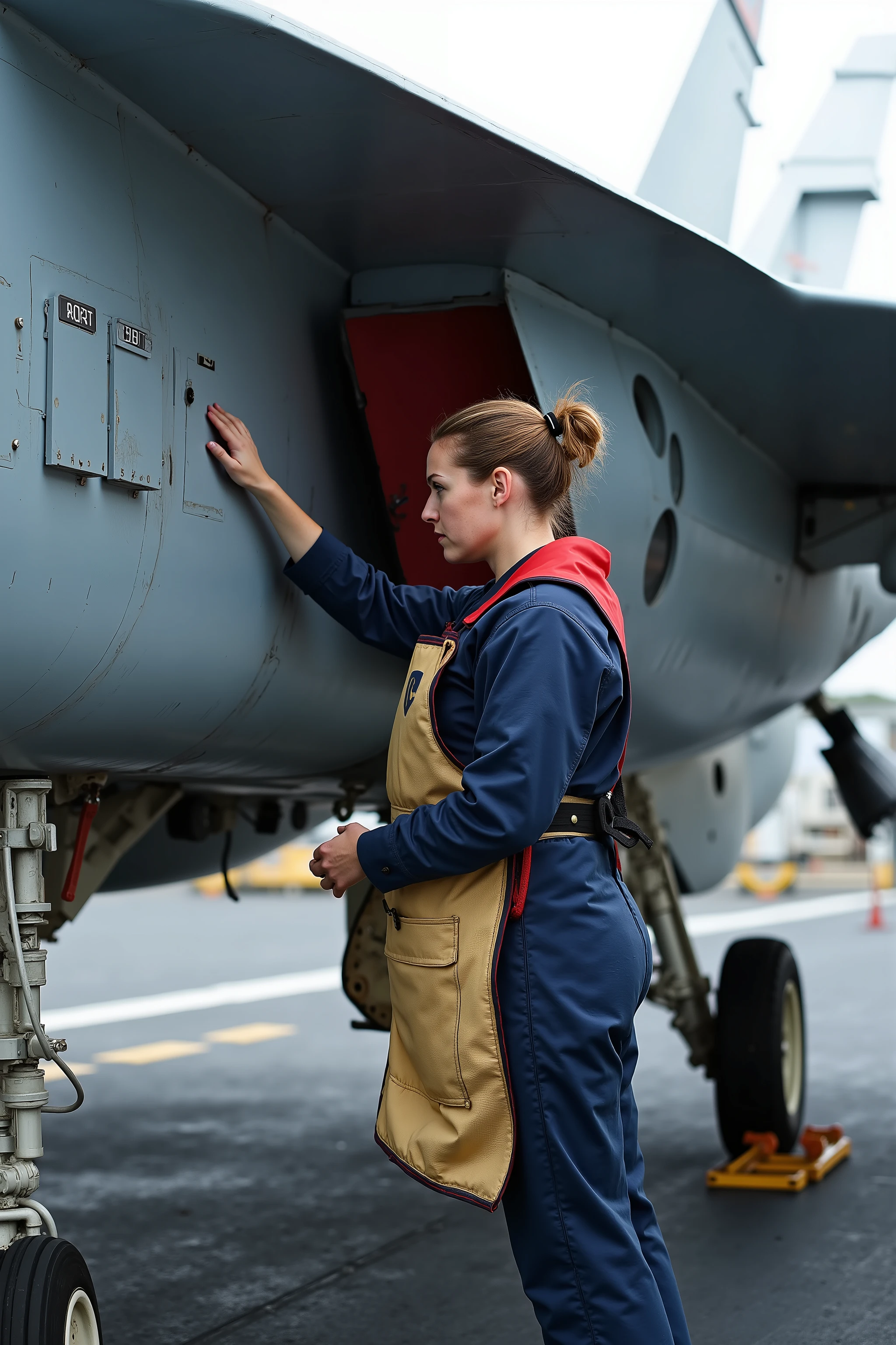 a 38 year old woman wears a thick gold and red lead apron, the woman is standing on an aircraft carrier, she wears blue navy coveralls, the woman performs an inspection on a fighter jet