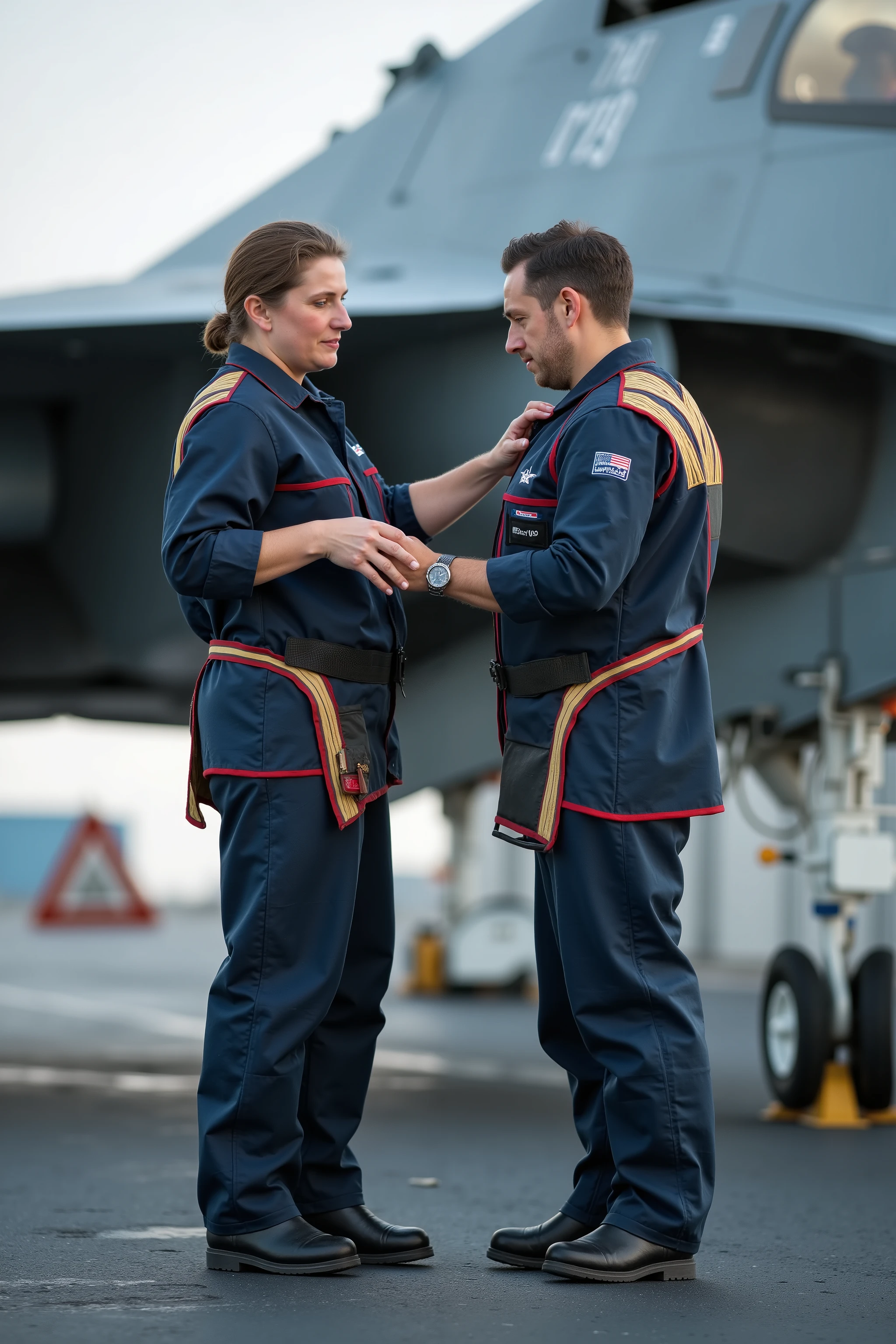 a 38 year old woman wears a thick gold and red lead apron, the woman is standing on an aircraft carrier, she wears blue navy coveralls, the woman performs an inspection on a fighter jet