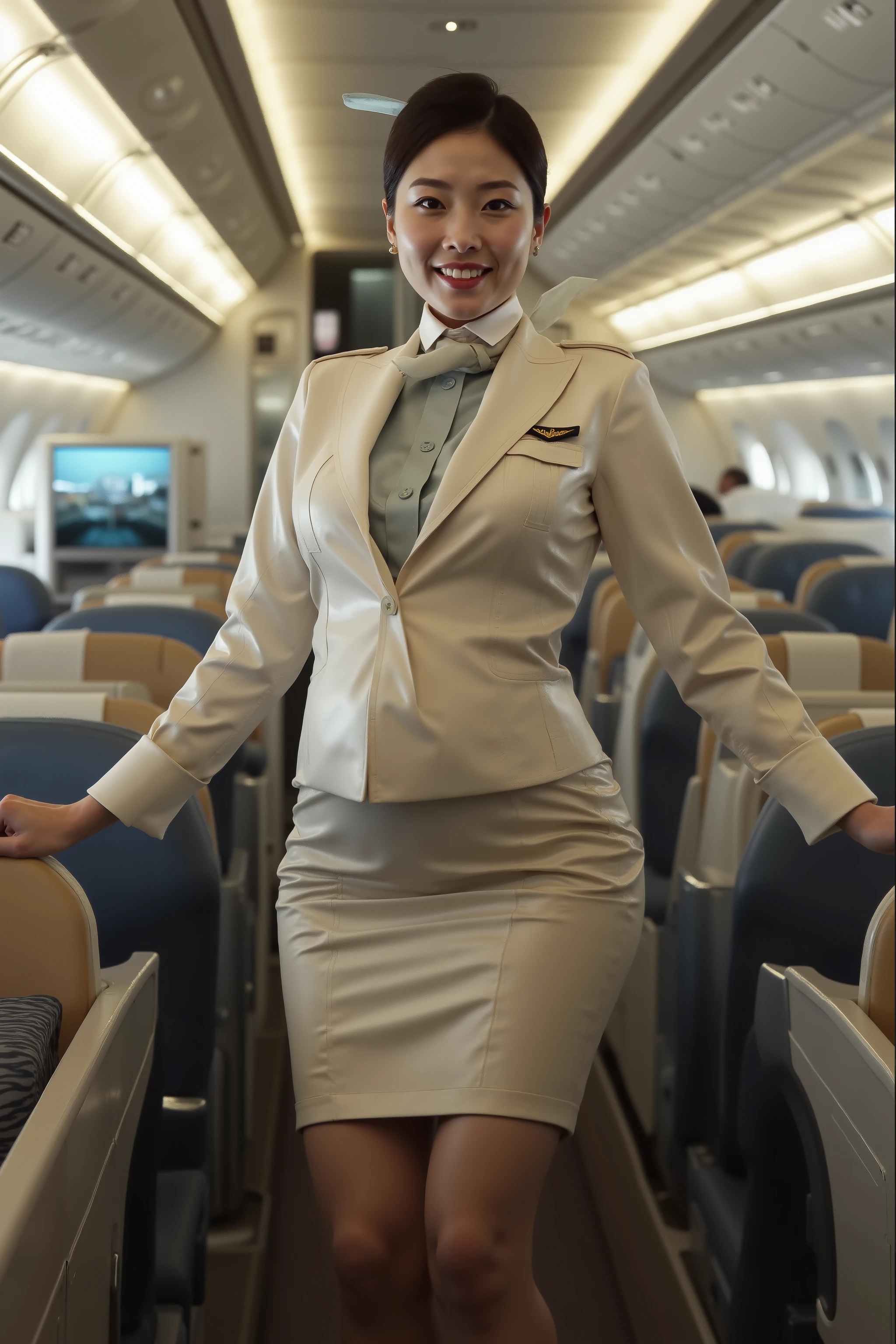 a 30 year old woman, fat arms, large belly, large thick muscular legs, wearing an airline uniform made of shiny latex, asian woman, on an aircraft, modern design, futuristic aircraft, first class cabin, private seats,
