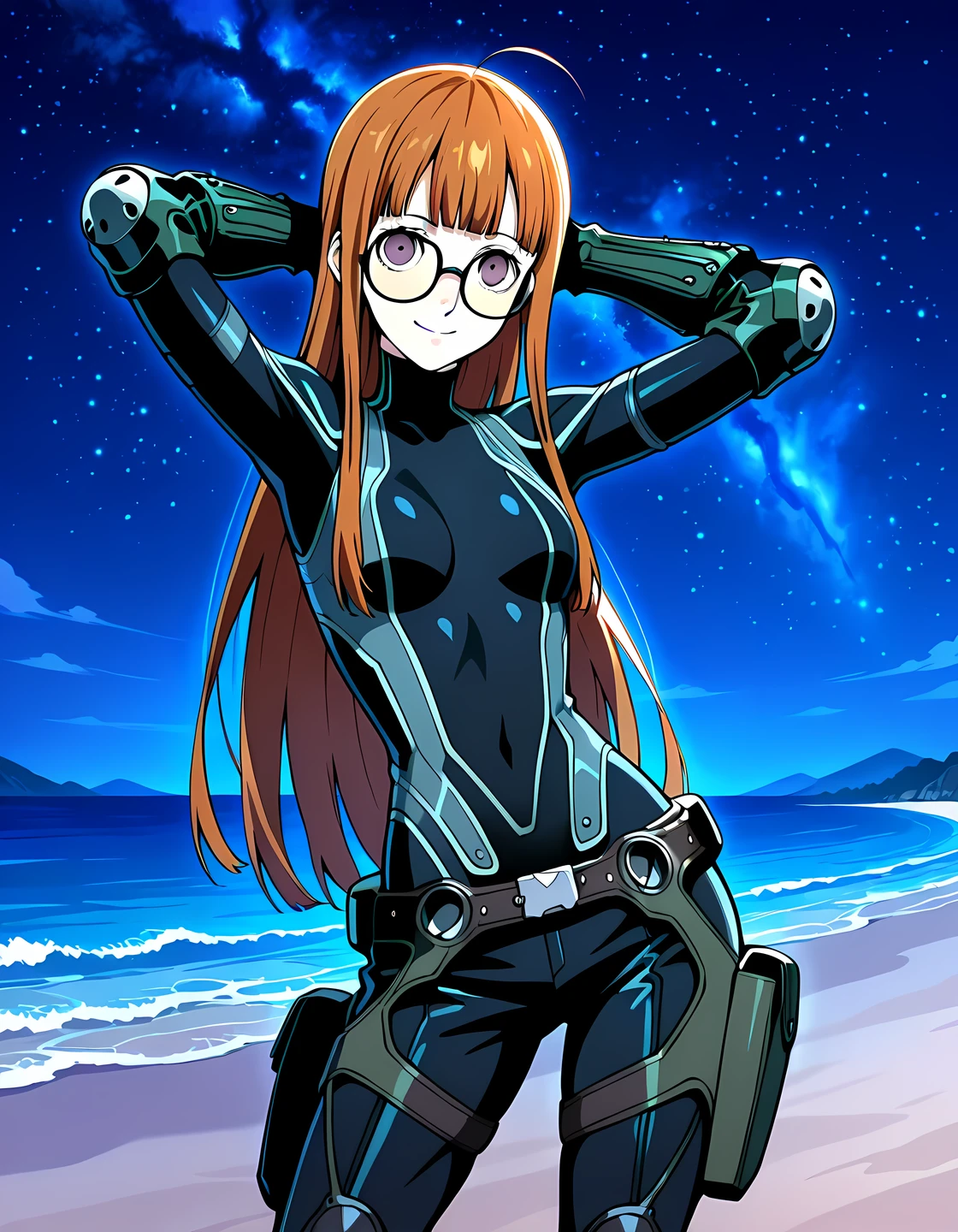 p5futaba, sakura futaba, long hair, blunt bangs, orange hair, ahoge,
p5futaba-oracle, black bodysuit, gloves, green gloves, belt, knee pads, shiny skin, high quality, solo, night sky, beach, (hands behind head), ((contrapposto)), closed mouth, cowboy shot, looking at viewer, smile, best quality