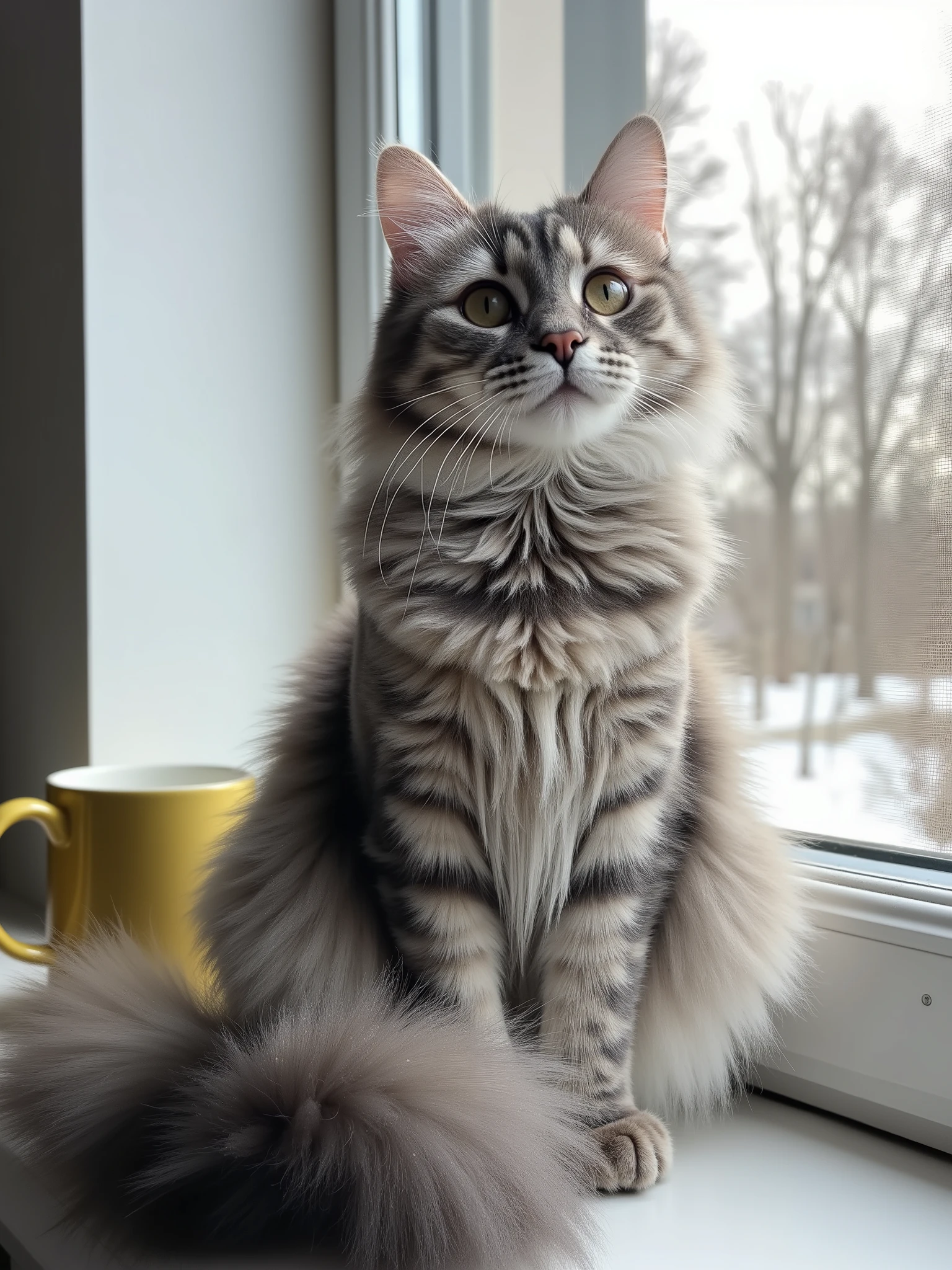 A fluffy, long-haired gray tabby cat sits perched gracefully on a white window sill, gazing intently towards something unseen, exhibiting focused attention, and a look of curiosity. The cat has a light gray coat, with darker gray tabby markings that create a striped pattern on its legs and a bushy tail. The tail is prominently displayed, slightly curved and held away from the body. Its eyes are a pale green, adding contrast to the soft, muted color scheme. The cat's posture is upright, highlighting the body structure. The window frame and sill are white, creating a clean, simple background that contrasts the soft fur of the cat. Outside the window, a blurred, out-of-focus view reveals trees and hints of a wintery landscape suggesting a cold outdoor environment, which is slightly lit by the sun. A yellow mug sits to the side of the cat, partially visible. The lighting is soft and diffused, illuminating the subject. The composition is medium shot, capturing the cat's entire form with ample space to show the setting, lending a calm and naturalistic mood.