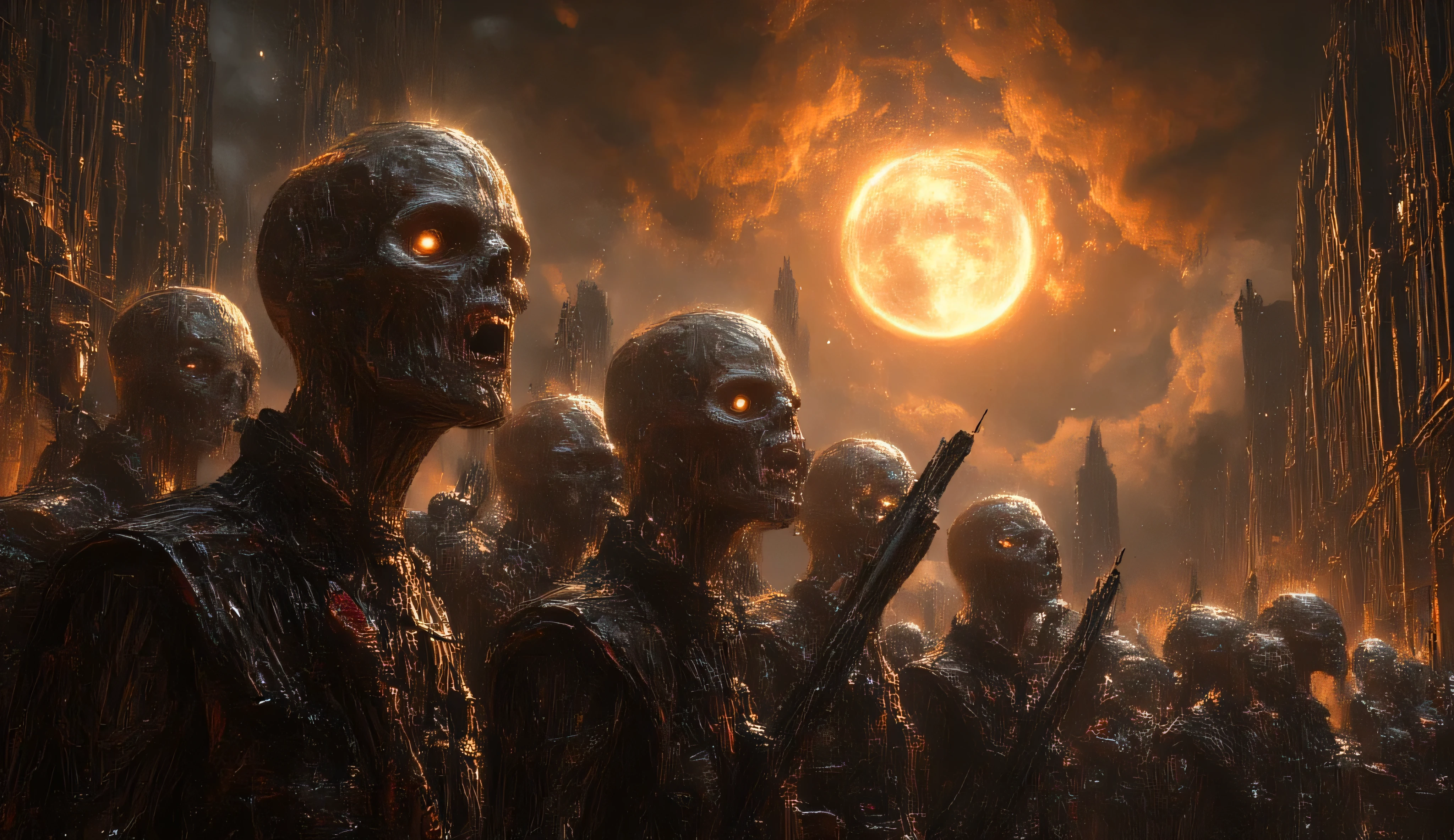 A crowd of bald, rotting men whose eyes and mouths are burning with orange light. The men are dressed in black military uniforms with red accents. They are raising their hands with Kalashnikov assault rifles. They are shouting at the sky, and orange light is pouring out of their mouths. The burning sun is very close to the ground. The burning skyscrapers and the ground. The apocalypse. The sky is on fire. The clouds are black. The lighting is orange. The horror