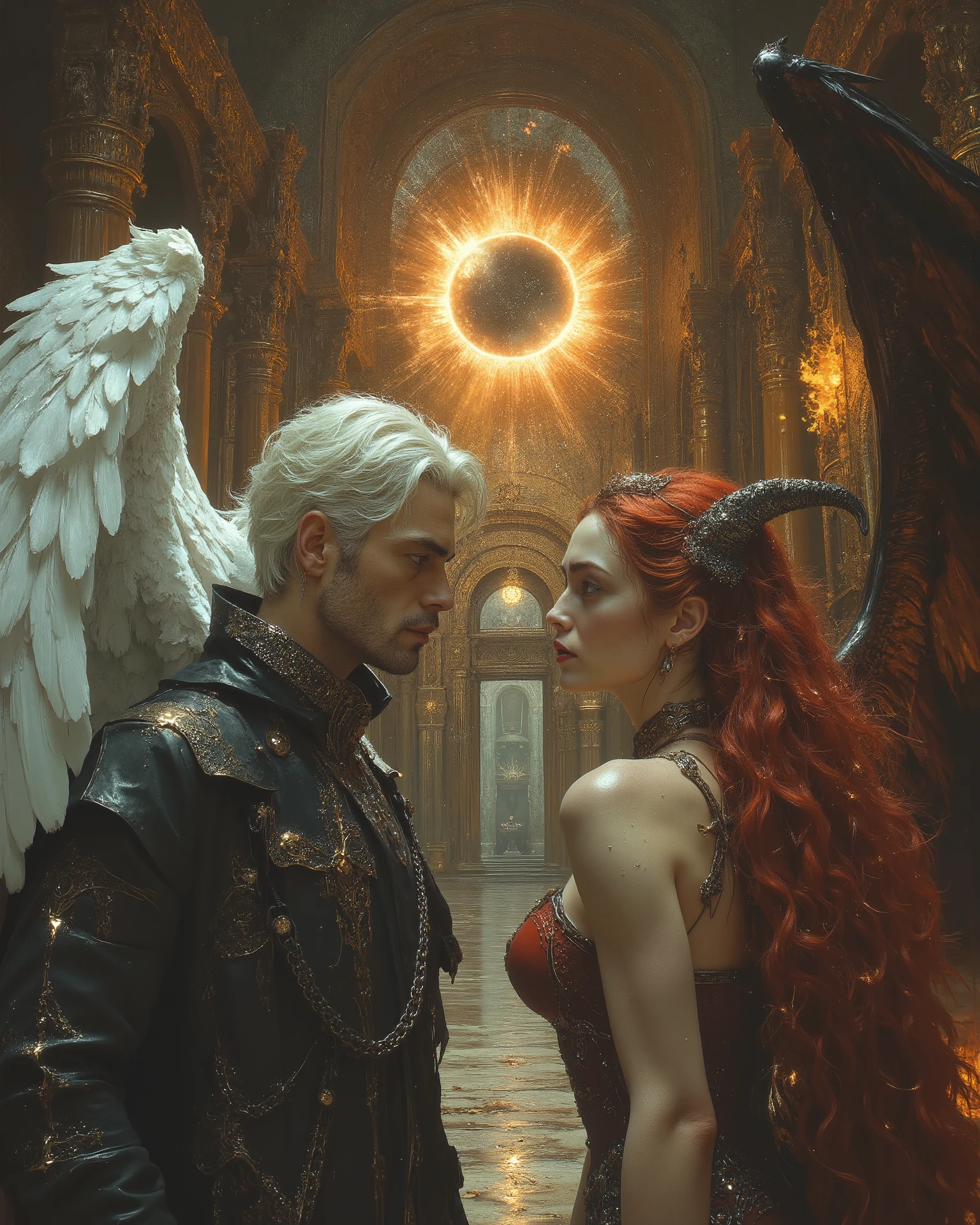 masterpiece, highest quality, super detailed, ultra-high resolution, best illustrations, 32k, ancient luxurious temple interior, dynamic lighting casting shadows on ornate columns, shining gold accents, glittering jeweled mosaics, impressionist style with visible brushstrokes, spiritual atmosphere, two powerful figures facing each other in perfect opposition, angel on left - handsome 40-year-old man with aquiline features, short stylish white hair, wry expression, dark fancy high-collared coat, silver-white feathered wings, faint glowing halo, demon on right - beautiful busty 32-year-old short woman with extremely white skin, long luxurious red hair, rosatia, roguish grin, eclectic fashion mixing street style and designer pieces, dark horns, fiery raven wings, flames rising behind her, intense loving gazes between them, their hands nearly touching, massive energy vortex swirling around both figures, sun eclipse visible through temple window, symbolic representation of harmony between opposites, metaphysical transcendence, philosophical balance, perfect unity of light and darkness