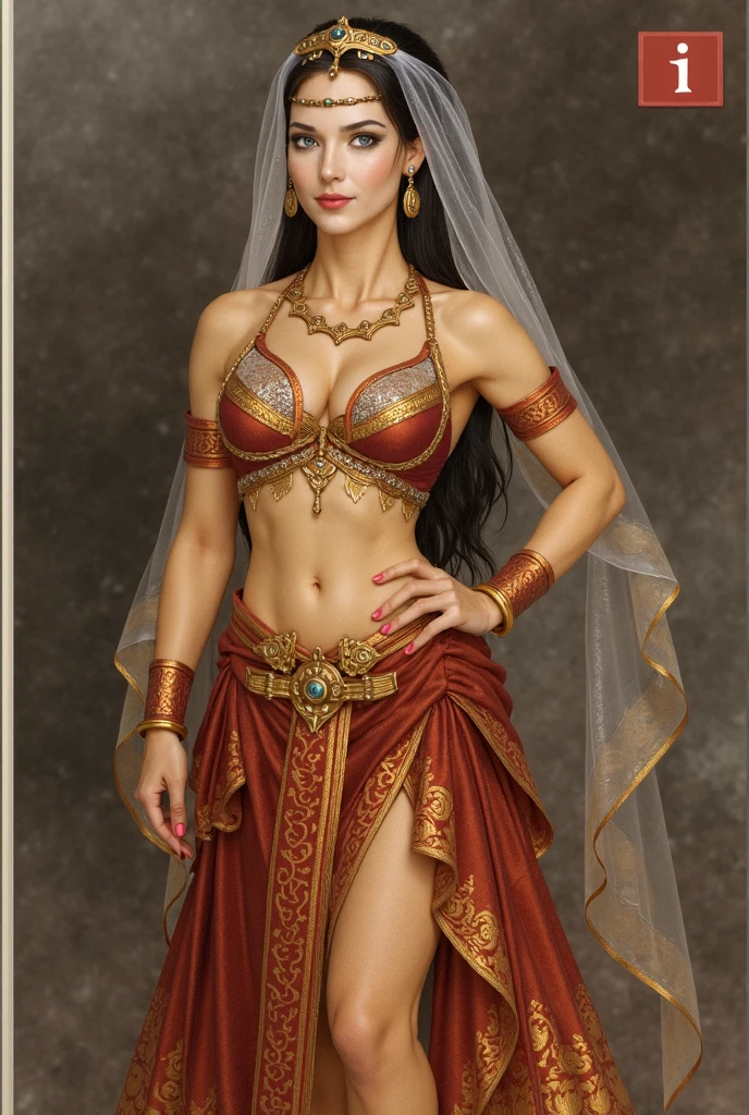 Retro style, beautiful female model, glamorous body, plump body, long haired person, wavy hair, chestnut hair, smooth skin, blue eyes, enchanting smile, dark makeup, Pink lips, ((intricately decorated celtic gown), necklace, earrings, sandals, realist, super realistic 8K, super detailed and realistic, posture sculpture,  Wide ????????, facing front , frontal to camera 