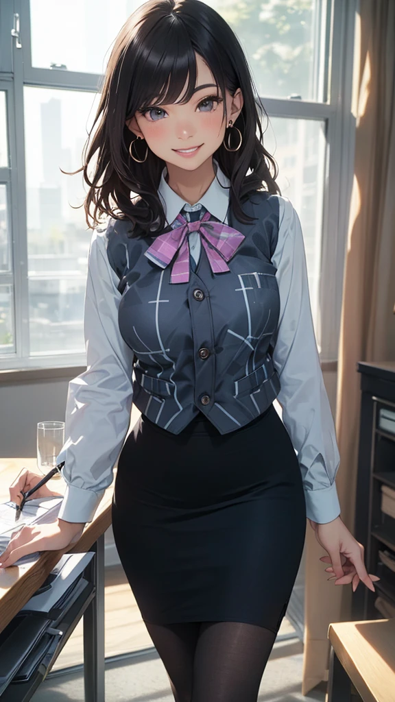 (office lady, bow, short sleeves, black pantyhose, white shirt, pencil skirt, vest:1.2), Beauty、20-year-old、Masterpiece、highest quality、(8k, highres), (embarrassed:1.2), (hugging own breast), (1.5), Inner thighs