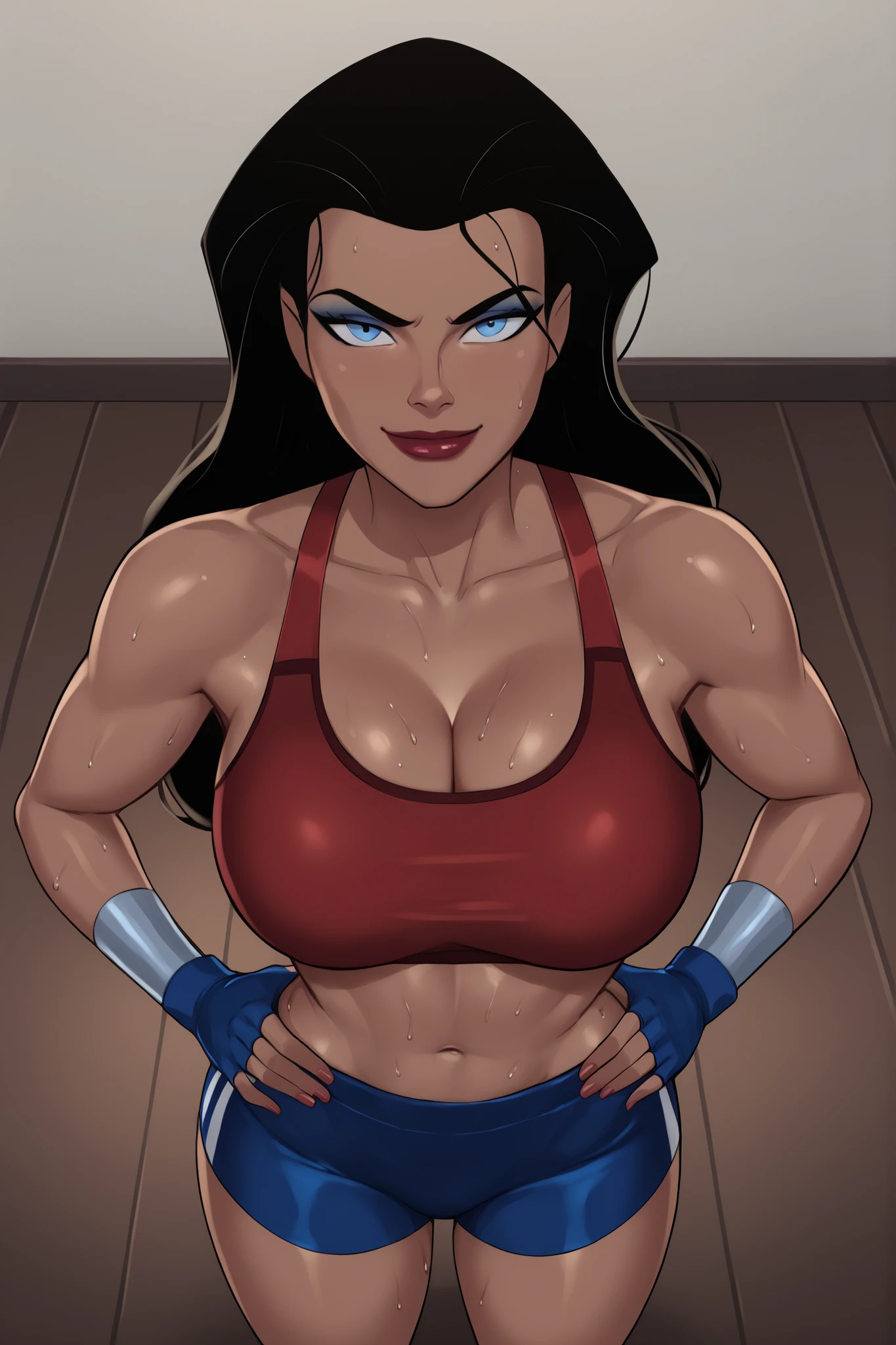 PonyXLV6_Scores BREAK ((parody), perfect anatomy, perfect eyes, cowboy shot), BREAK diana prince, long hair, black hair, blue eyes, scarlet red lipstick, dark-skinned female, ((looking at viewer)), seducing viewer, teasing viewer, cleavage, busty, red sports bra, blue gym shorts, blue fingerless gloves, large breasts, curvy, athletic, indoors, seductive expression, bedroom eyes, smile, closed mouth, gym, closeup, portrait, upper body, standing, muscular female, high-angle view, blue eyeshadow, hands on waist, sweaty, sweat drops